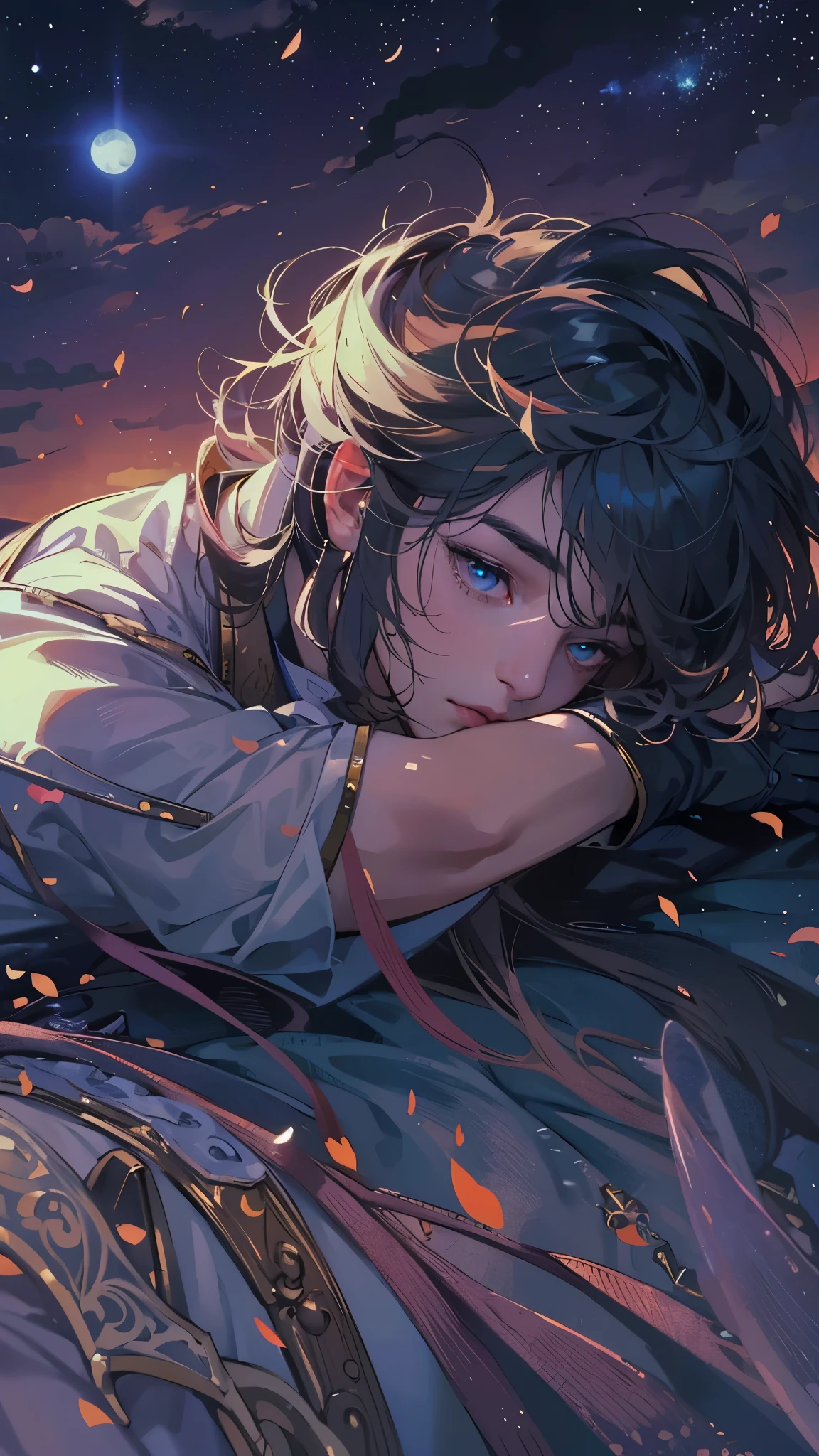  (masterpiece, 8k, Absurd, Digital Art, Digital Illustration, Realistic, Very detailed, Realistic lighting), (Perfect Face, Perfect Eyes, Perfect body), gentleman men,1 person, Masculine, Adult,good looking, Sharp features, Stargazing on a hilltop, Lying on the grass, Midnight, Panoramic view, Top-down, Moonlit scene, Character’s eyes, Soft and ethereal, Dreamy and relaxed, anime style, attractive anime, pixiv fan art
