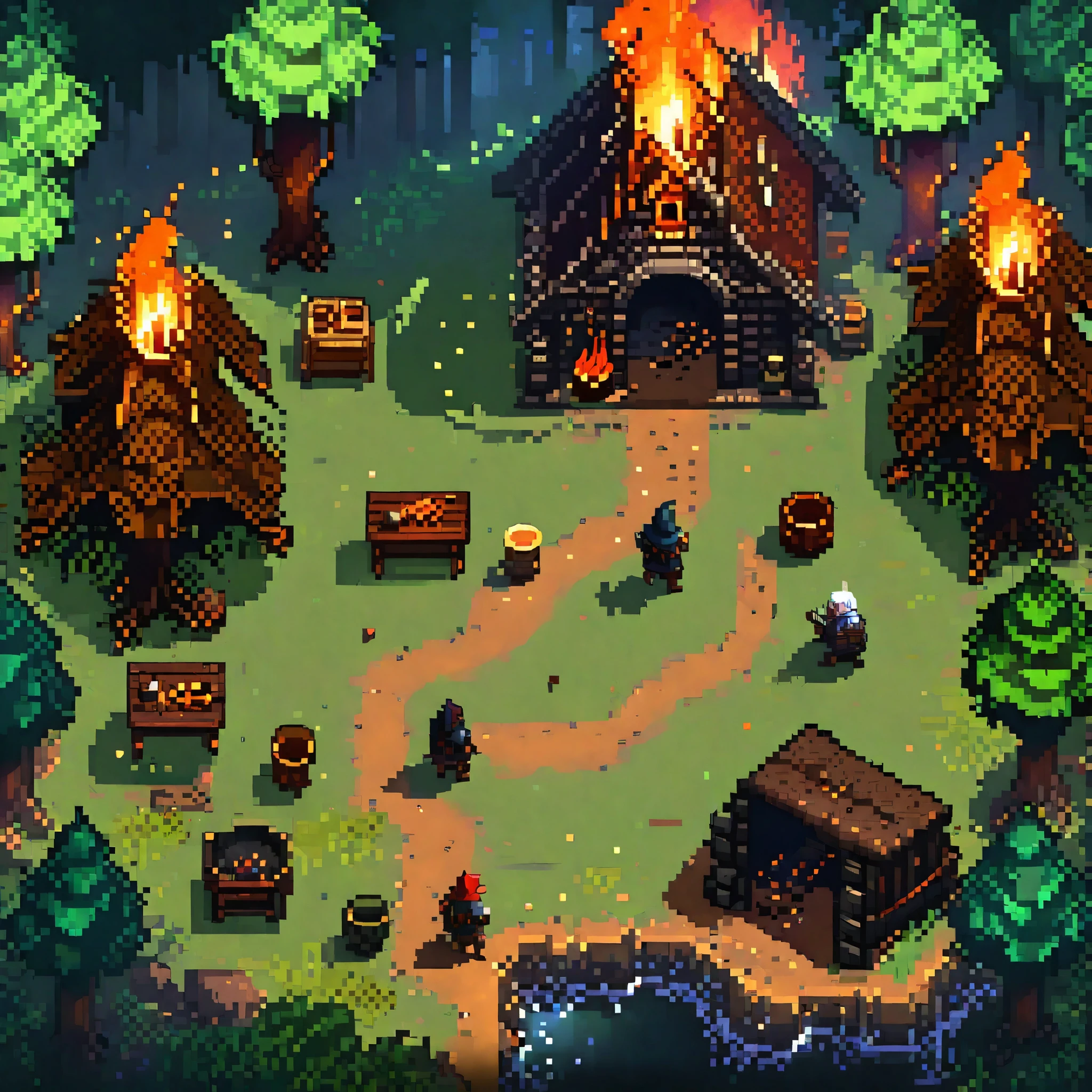 a screenshot of a game with a bunch of people around a campfire, rpg scene, coriolios rpg art style, dnd in a dark forest, epic rpg artwork, rpg artwork, beautiful detailed pixel art, detailed pixel art, rpg art, inside a rpg game, isometric pixelart, made in rpg maker, high quality pixel art, ultra detailed game art,
