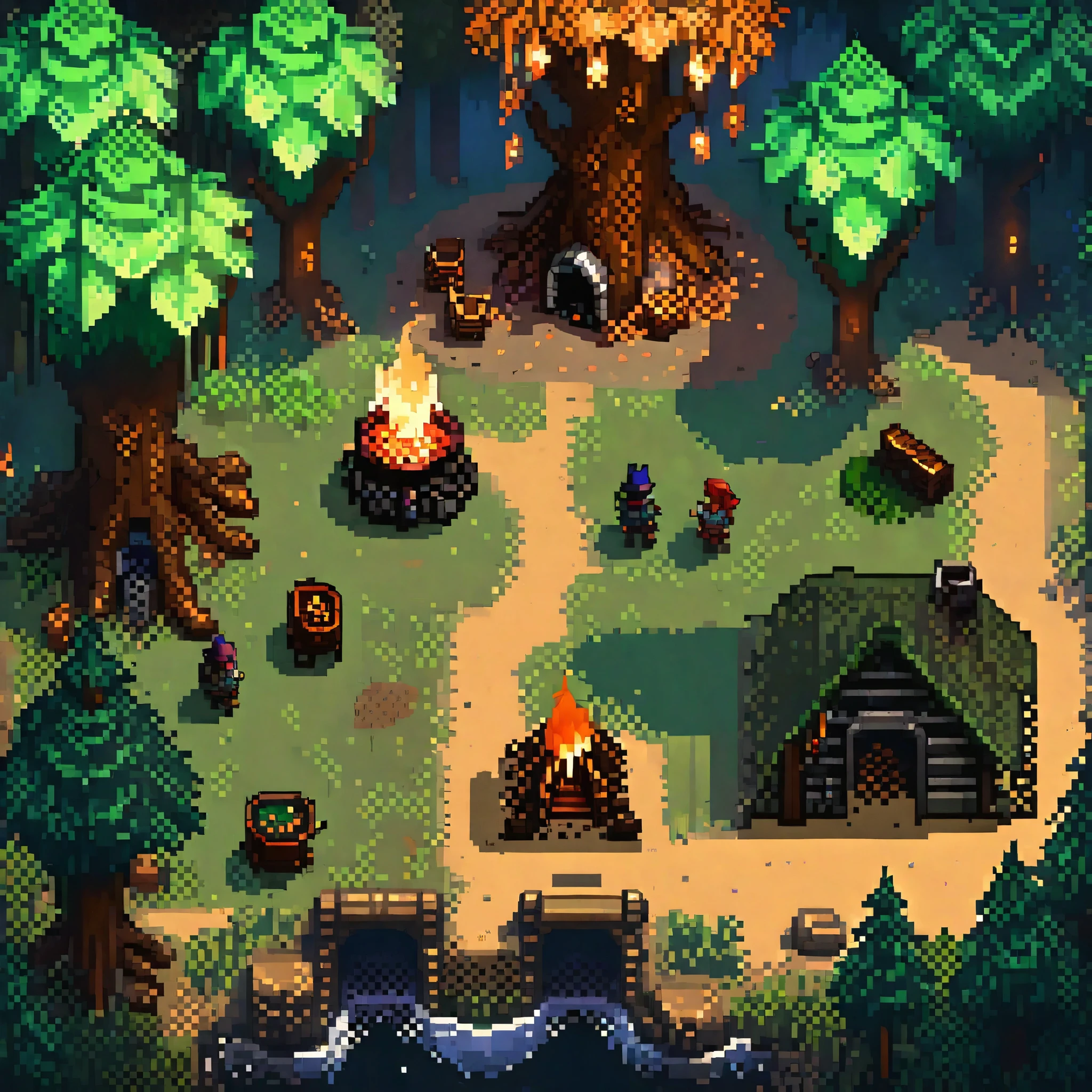 a screenshot of a game with a bunch of people around a campfire, rpg scene, coriolios rpg art style, dnd in a dark forest, epic rpg artwork, rpg artwork, beautiful detailed pixel art, detailed pixel art, rpg art, inside a rpg game, isometric pixelart, made in rpg maker, high quality pixel art, ultra detailed game art,