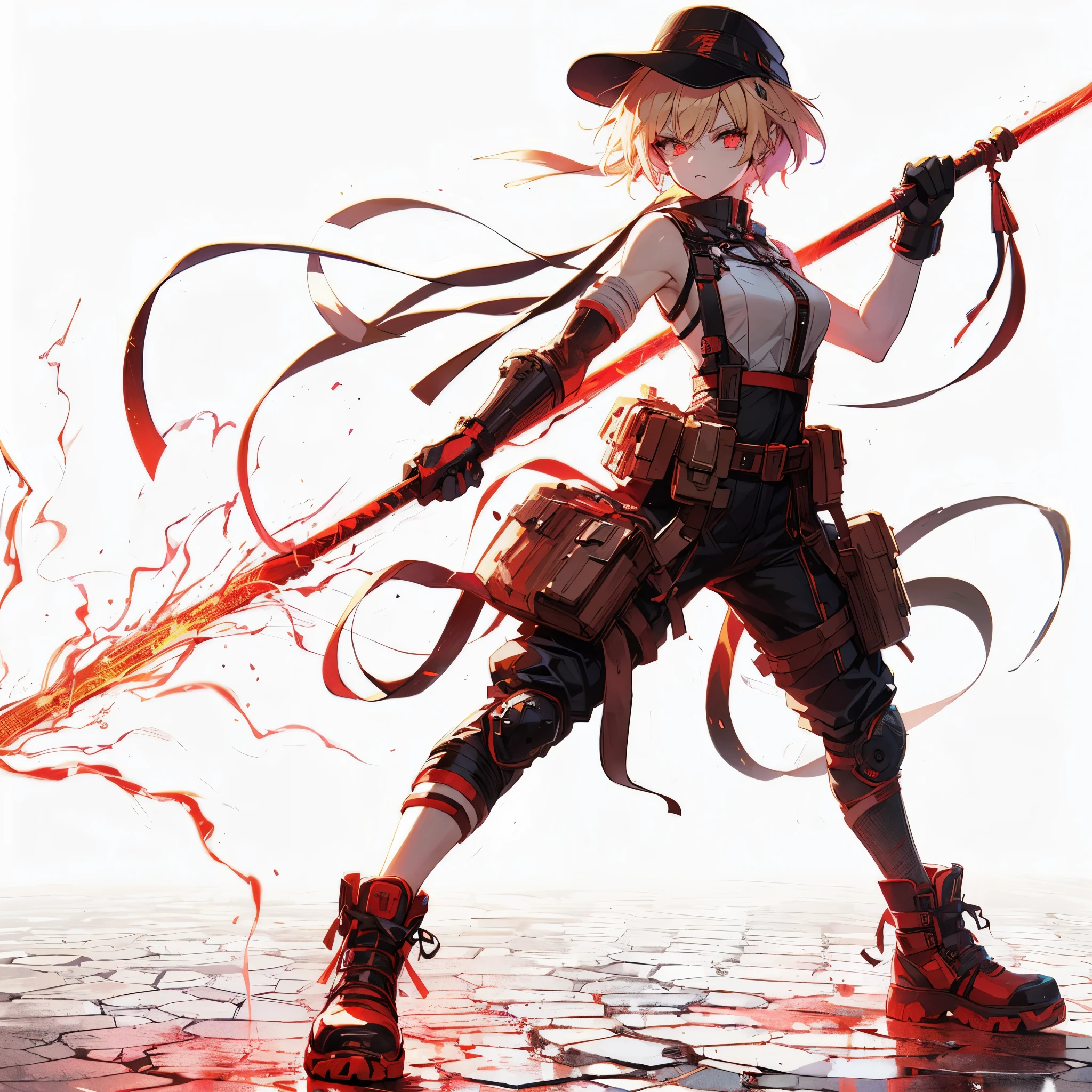 (masterpiece, Best Quality), (detailed hairs), Ultra-detailed, Anime style, Full body, Solo, Cyberpunk kung-Fu girl, wearing a hunting cap and short blond hair tied into one, white skin, scarlet glowing eyes, wearing a cyberpunk outfit and holding a vermillion-painted 11-foot stick. Wears karate boots. Supernatural scarlet lightning, ultra-massive, tall stylish, VERY MASSIVE. Muscular but feminine body shape, White background, standing full length, standing on wasted earth,
