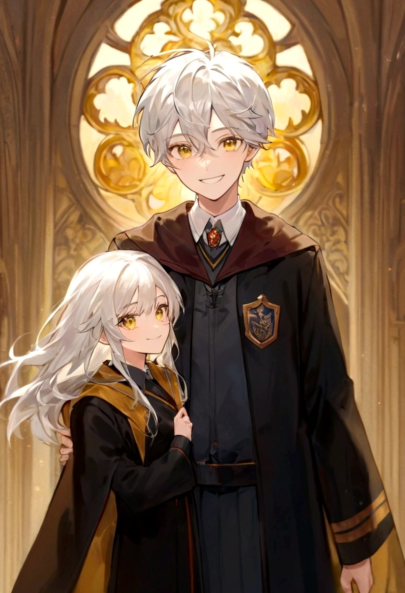 Ravenclaw uniform, Ravenclaw emblem, black robe. Beautiful face boy. Very smart. white Hair. Amber yellow eyes. Hogwarts. Cheerful. Smile