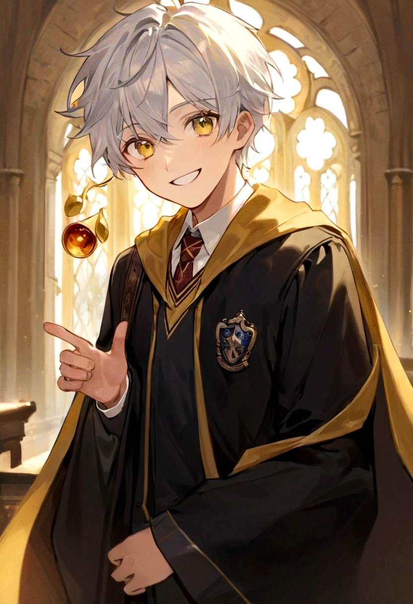 Ravenclaw uniform, Ravenclaw emblem, black robe. Beautiful face boy. Very smart. white Hair. Amber yellow eyes. Hogwarts. Cheerful. Smile