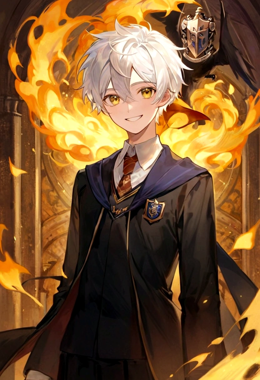 Ravenclaw uniform, Ravenclaw emblem, black robe. Beautiful face boy. Very smart. white Hair. Amber yellow eyes. Hogwarts. Cheerful. Smile