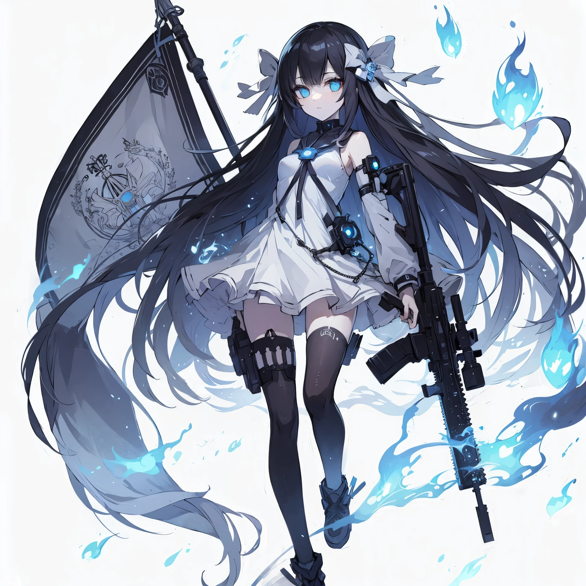 (masterpiece, Best Quality), (detailed hairs), Ultra-detailed, Anime style, Full body, Solo, Cyberpunk ghost girl with long black hair and neat white simple hair bows, Eyes burning with blue flame, Sleeveless outfit, she carries a huge war Banner. embroidered with a silver moon, wearing raised boots, floating in the air, blue lights like demon fire floating around her, slender figure, White background, standing full length,
