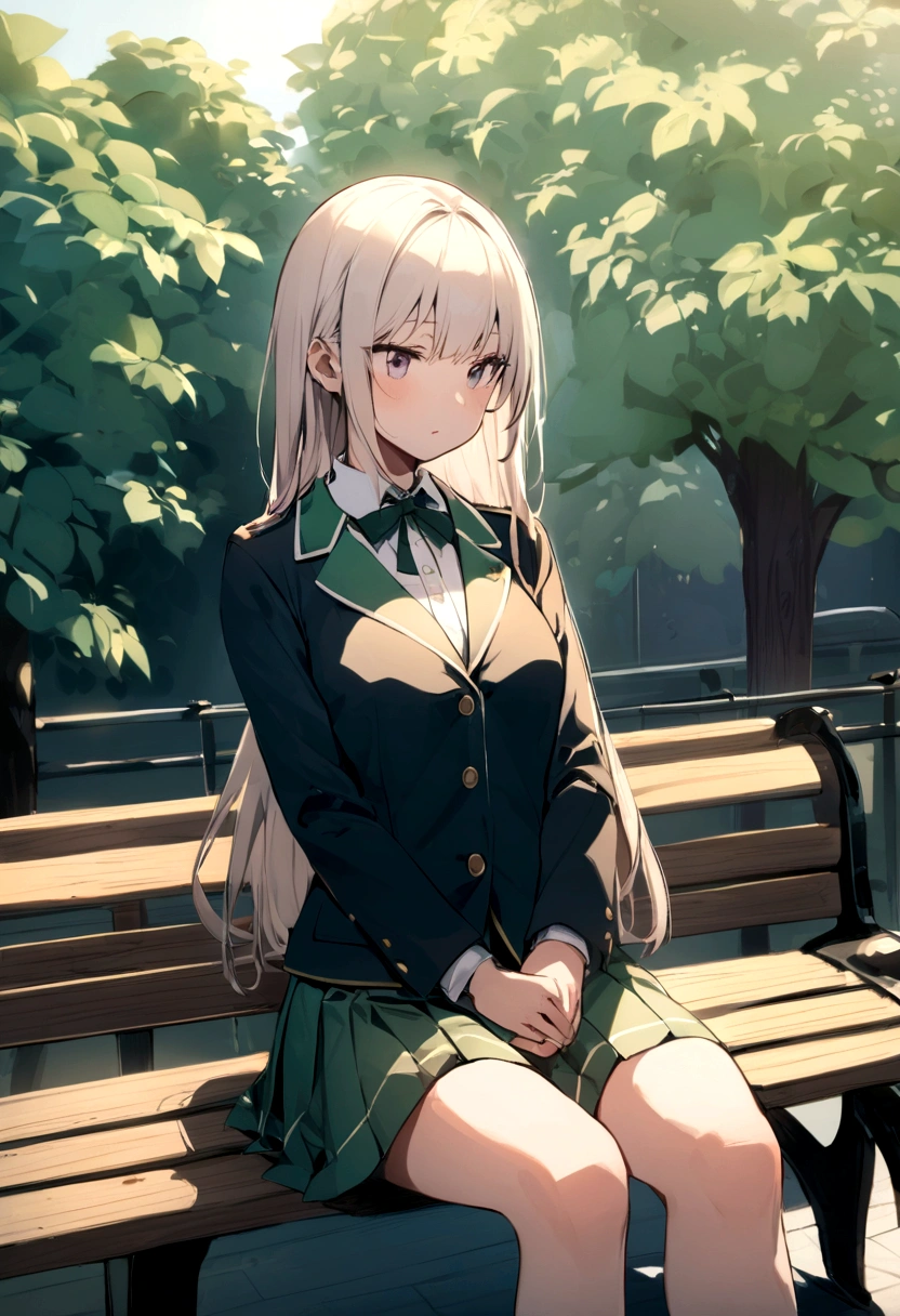 high school girl、uniform、winter、blazer、bench、Sitting