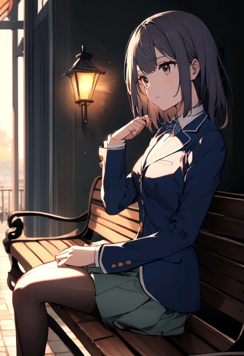 high school girl、uniform、winter、blazer、bench、Sitting