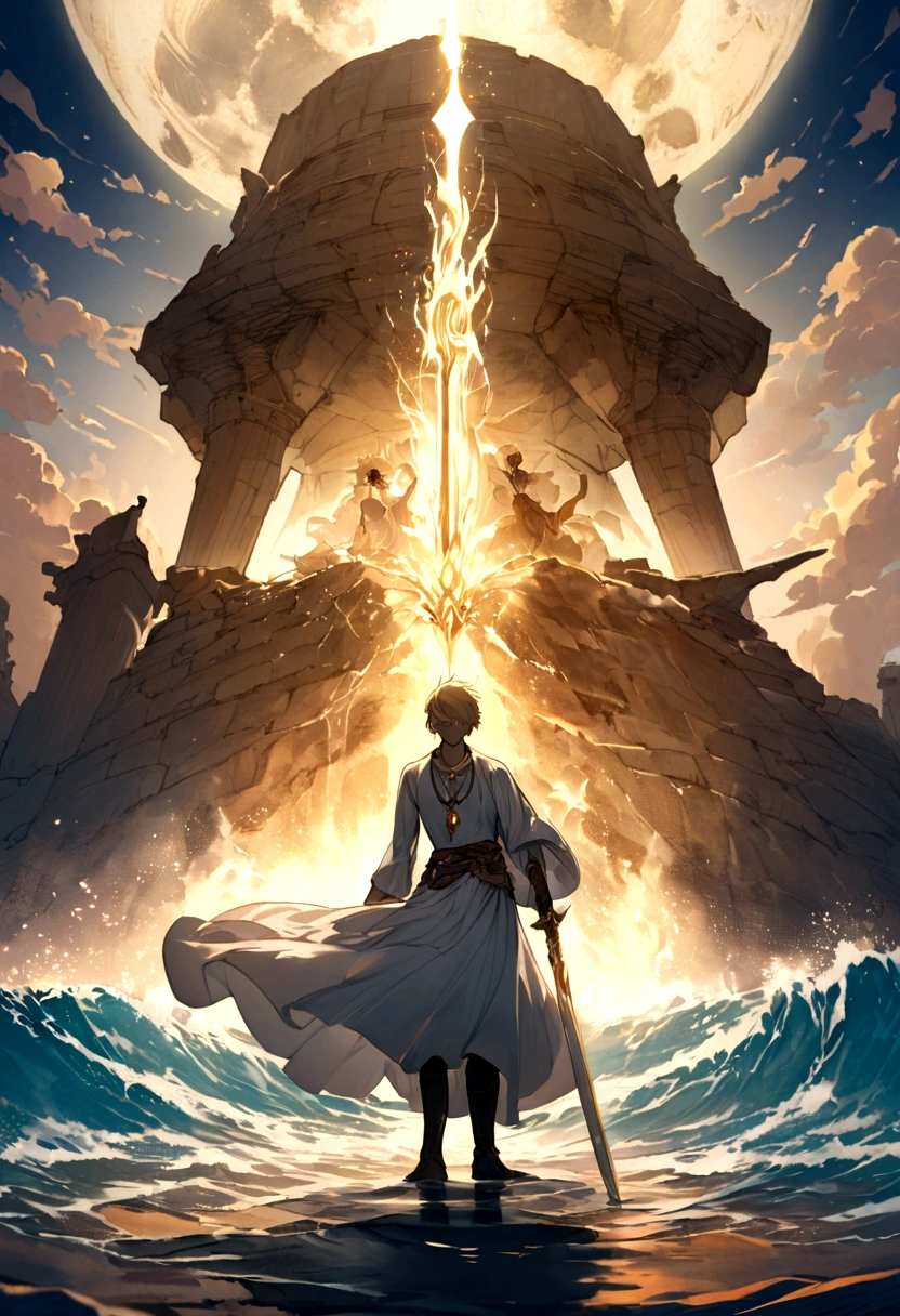 In a mesmerizing silhouetted scene of a giant moon with its surface marked by vividly detailed craters, with radiant sunlight, in a fantastical world bathed in ethereal light, a lone young man who is carrying a sword stands confidently on a serene beach, looking forward with determination in her eyes, with blue waves gently kissing the shore. Behind him, the landscape is both familiar and otherworldly, with ancient structures partially submerged in water, giving the impression that once upon a time there was a great civilization, now in ruins. He has spiky blond hair that shines in the sun, a reflection of his vibrant and adventurous spirit. Around the neck hangs a distinctive pendant, reflecting the light with a touch of mystery. In his hand he holds an enormous sword, beautifully crafted and ornamented with stones, its blade glowing with a magical aura, suggesting that this weapon is not just for combat. The atmosphere is filled with a sense of tranquility, mystery, serenity and adventure. The young man looks at the horizon with a determined and victorious expression, as if he is ready to embark on a new journey, face an imminent challenge or cast a powerful spell.