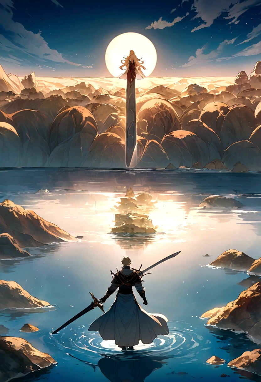 In a mesmerizing silhouetted scene of a giant moon with its surface marked by vividly detailed craters, with radiant sunlight, in a fantastical world bathed in ethereal light, a lone young man who is carrying a sword stands confidently on a serene beach, looking forward with determination in her eyes, with blue waves gently kissing the shore. Behind him, the landscape is both familiar and otherworldly, with ancient structures partially submerged in water, giving the impression that once upon a time there was a great civilization, now in ruins. He has spiky blond hair that shines in the sun, a reflection of his vibrant and adventurous spirit. Around the neck hangs a distinctive pendant, reflecting the light with a touch of mystery. In his hand he holds an enormous sword, beautifully crafted and ornamented with stones, its blade glowing with a magical aura, suggesting that this weapon is not just for combat. The atmosphere is filled with a sense of tranquility, mystery, serenity and adventure. The young man looks at the horizon with a determined and victorious expression, as if he is ready to embark on a new journey, face an imminent challenge or cast a powerful spell.