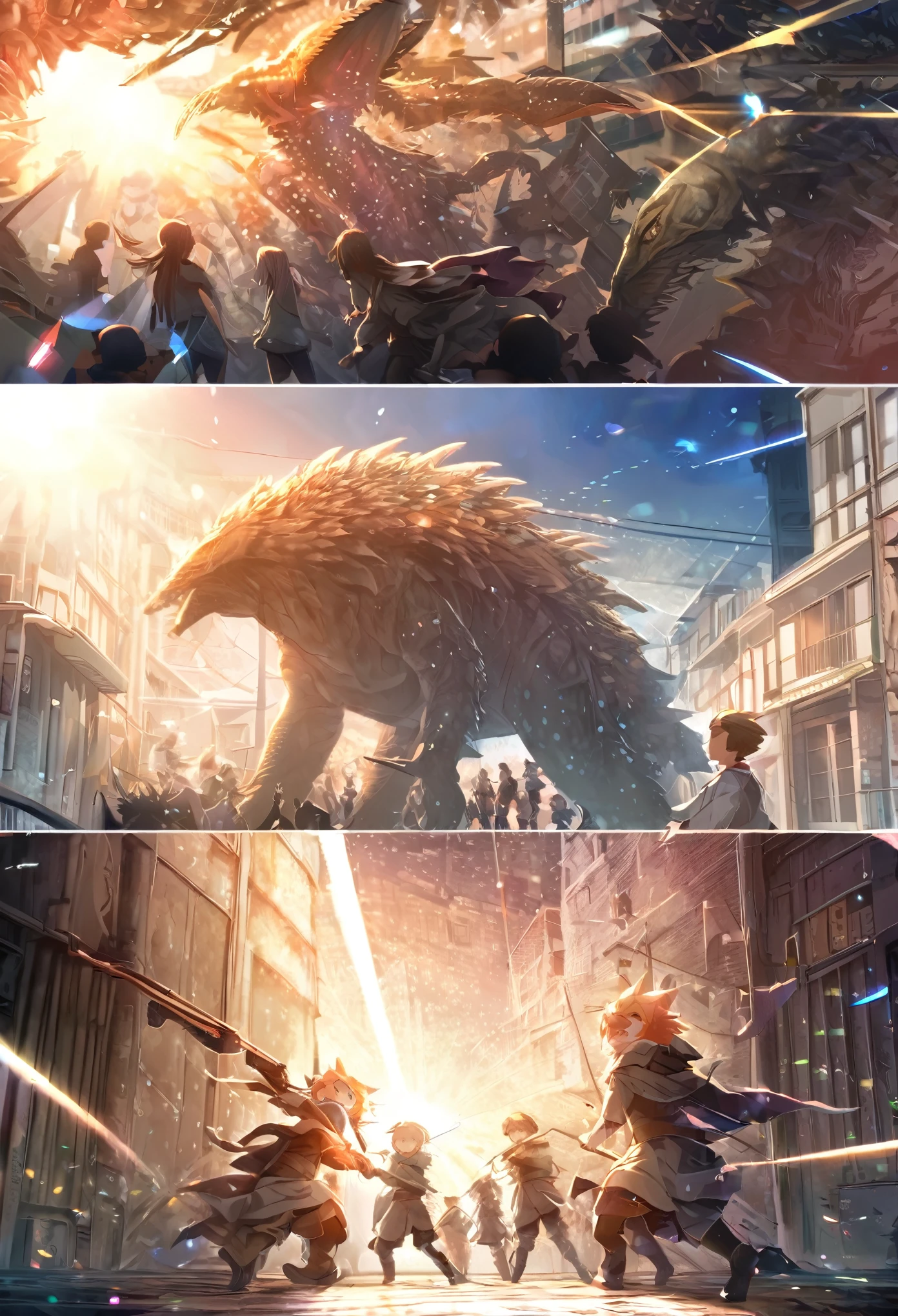 top quality, best quality, High-quality illustrations, masterpiece, super high resolution, detailed background, Back alleys((battle movie of Terrifying creatures and human child)), 6+boys, 6+girls, absurdres(highly detailed beautiful face and eyes)perfect anatomy, expression, caustics, light rays, dynamic lighting, light particles, lens flare, cinematic shadow(kemono, furry anthro)assorted poses, dynamic angle,