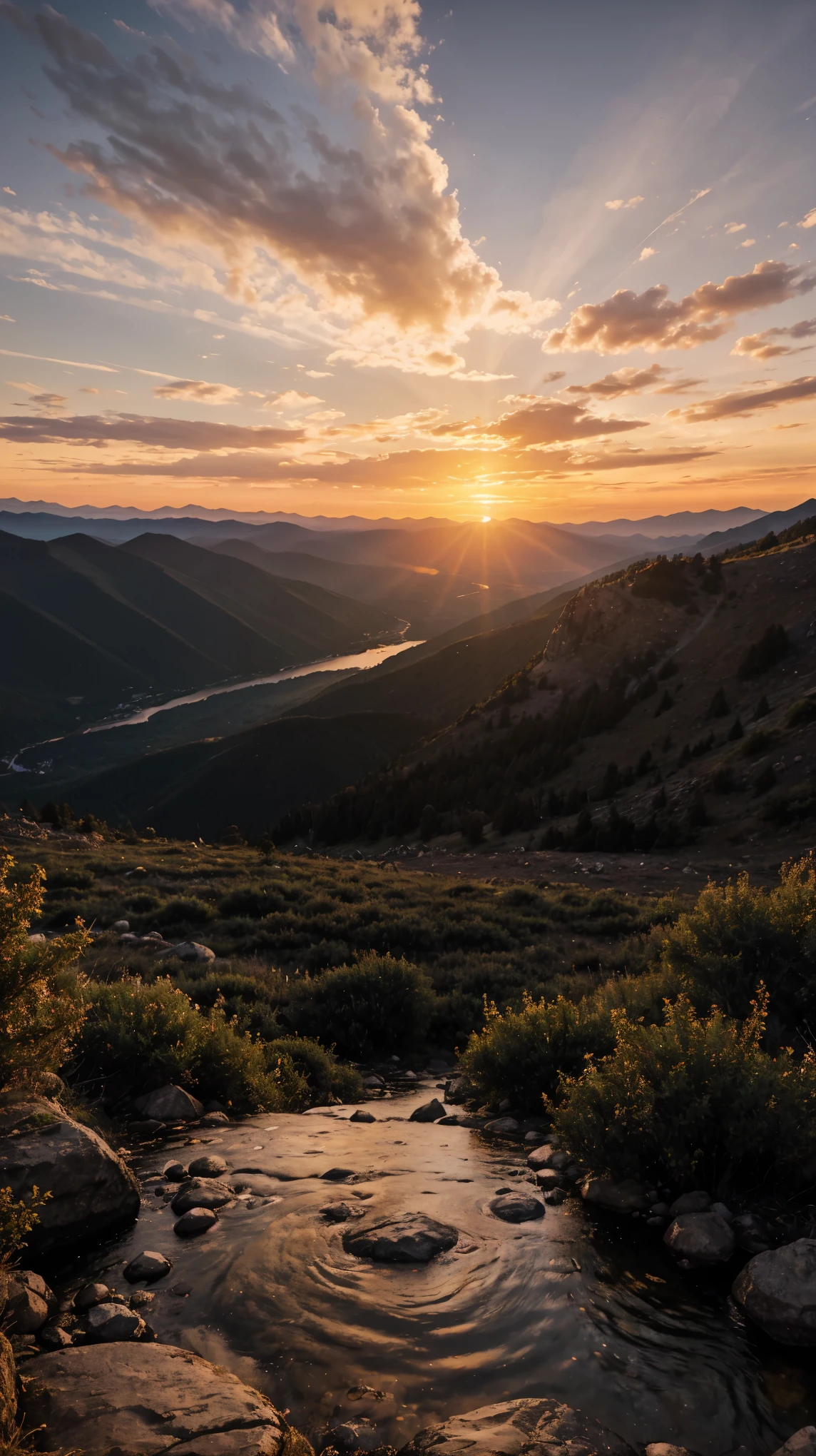 mountain view with sunset, realistic, 8k, darklight, watching sunset, peak, river