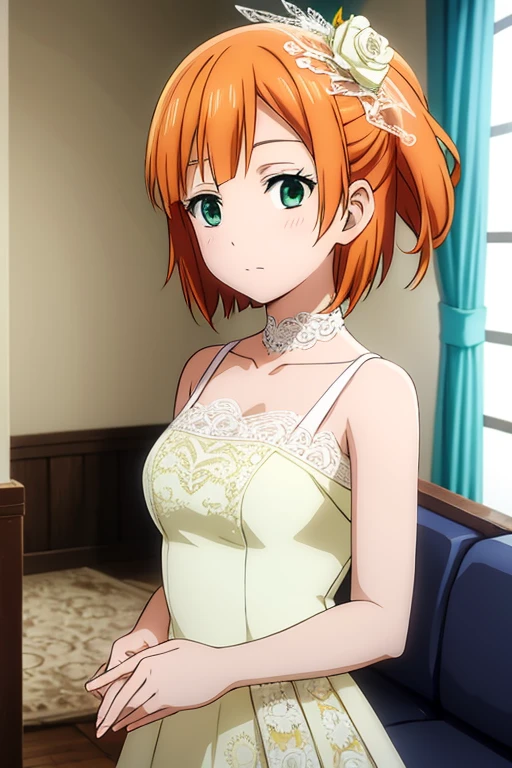 anime, detailed,short orange hair, green eyes, white lace wedding dress, crystal tiara