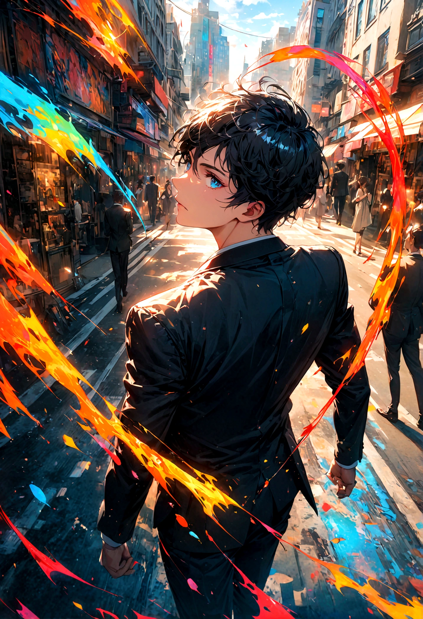 A black-haired, blue-eyed man in a black suit turned his back in the middle of the city during the day.