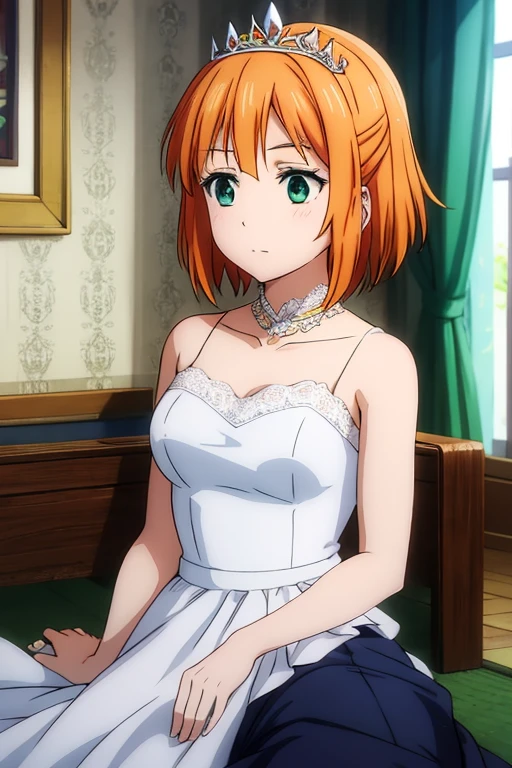 anime, detailed,short orange hair, green eyes, white lace wedding dress, crystal tiara
