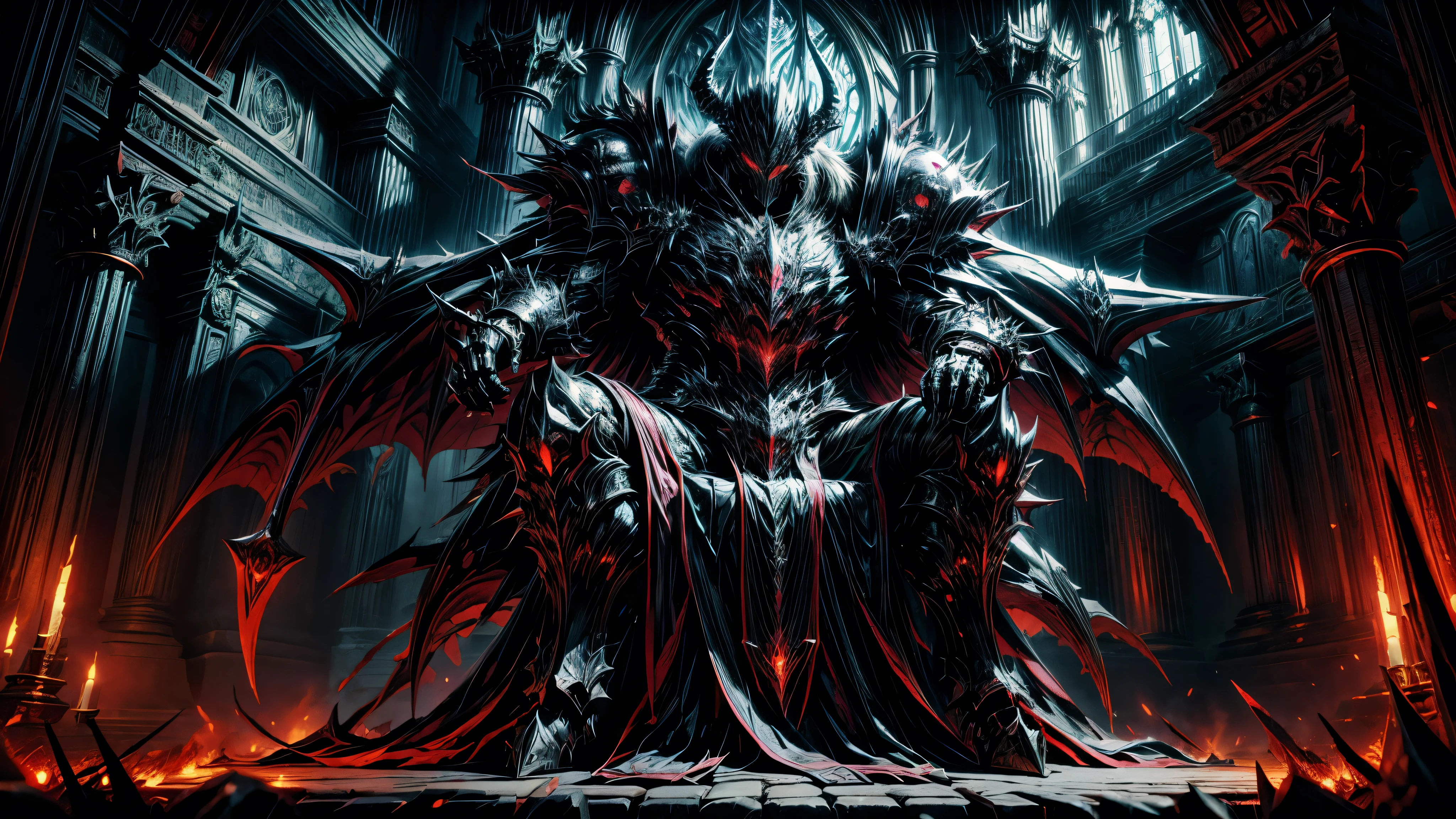  anime aestetics, demonic throne room, dark colors, dim light, cold colors, spiky throne, black stone collumns, gothic style, demon lord sitting on the throne, huge muscular demon, glowing eyes, long horns, scales armour, dark red skin, black scales, huge intimidating smile, angry eyes, long sharp teeth, wide shot, perspective, atmospheric perspective, highres, HD, 4K, best quality, masterpiece, super detail