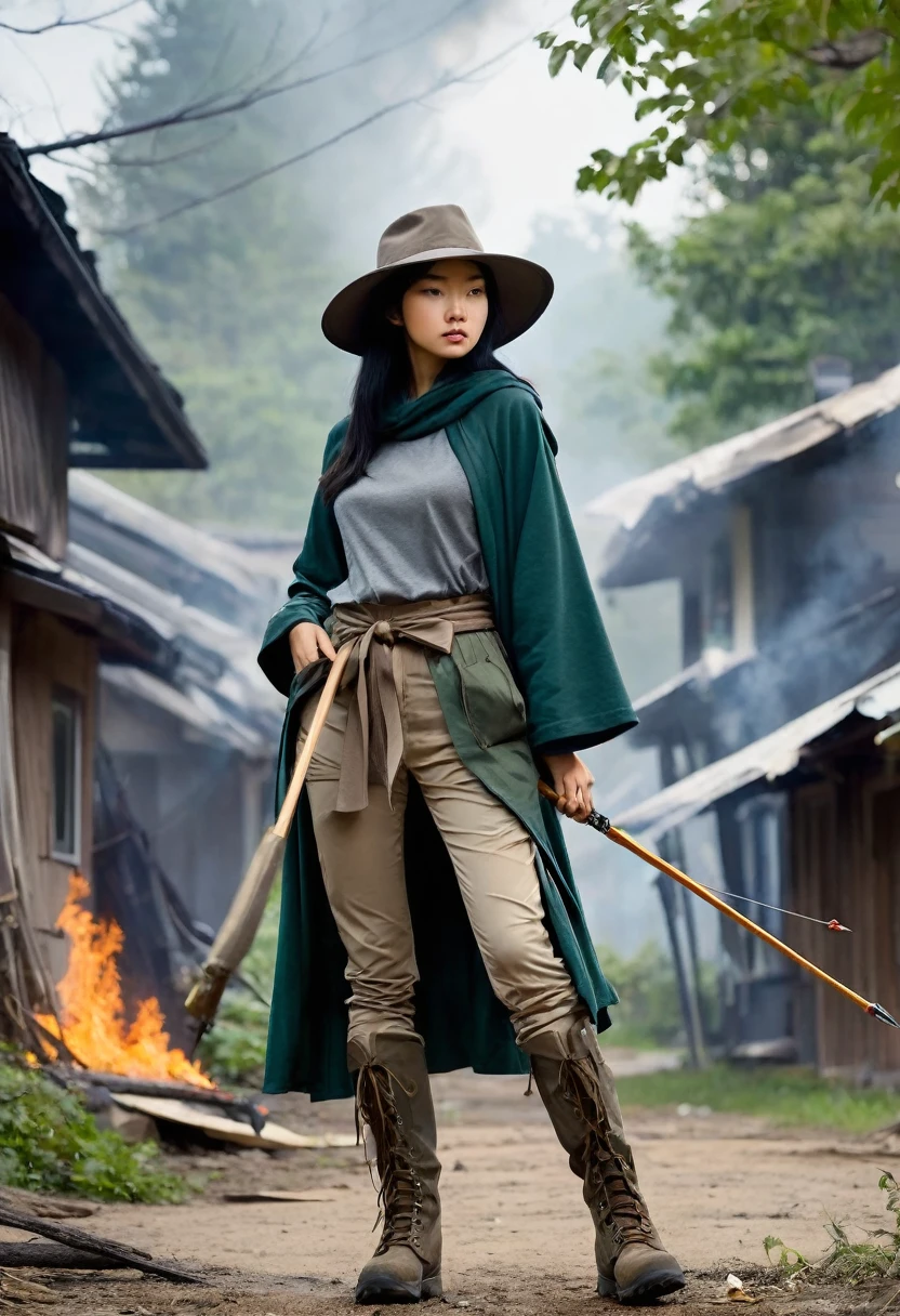 A girl who draws a bow and shoots arrows, seventeen years old, asian Caucasian mix, black hair, blue eyes, brimmed tan hat, gray cloak hangs down her back to the back of her knees and tied around her neck, dark green tee shirt, long light gray tactical pants tuck into hiking boots, 

Apocalypse, Smoke rises from a burning house behind her, ash and paper scattered across the street, some houses have collapsed, 