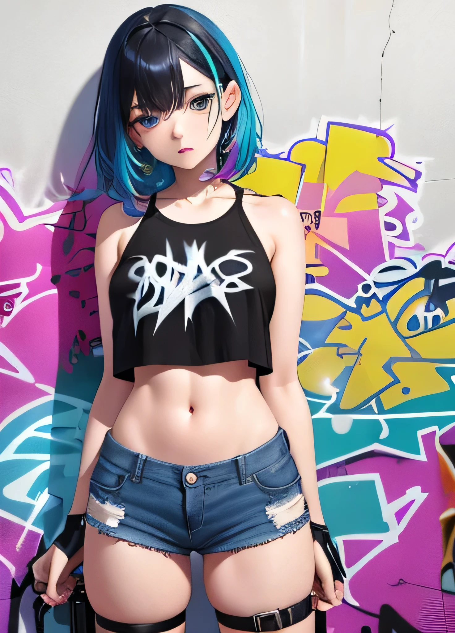 obra-prima, melhor qualidade, 1girl, solo, crop top, shorts jeans, gargantilha, (graffiti: 1.5), respingo de tinta, arms behind back, contra a parede, olhando para o espectador, clamp, thigh strap, pintura no corpo, head tilt, entediado, cabelo multicolorido, aqua eyes, fone de ouvido, (,nsfw naked)