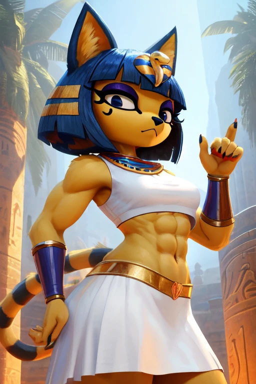 ((best quality)), ((masterpiece)), (detailed), a digital sideview artwork of ankha with abs wearing a crop top of her white sleeveless dress with white long skirt, a bare midriff and a bare navel, ((trending on artstation)), ((4k)), furry, anthro style