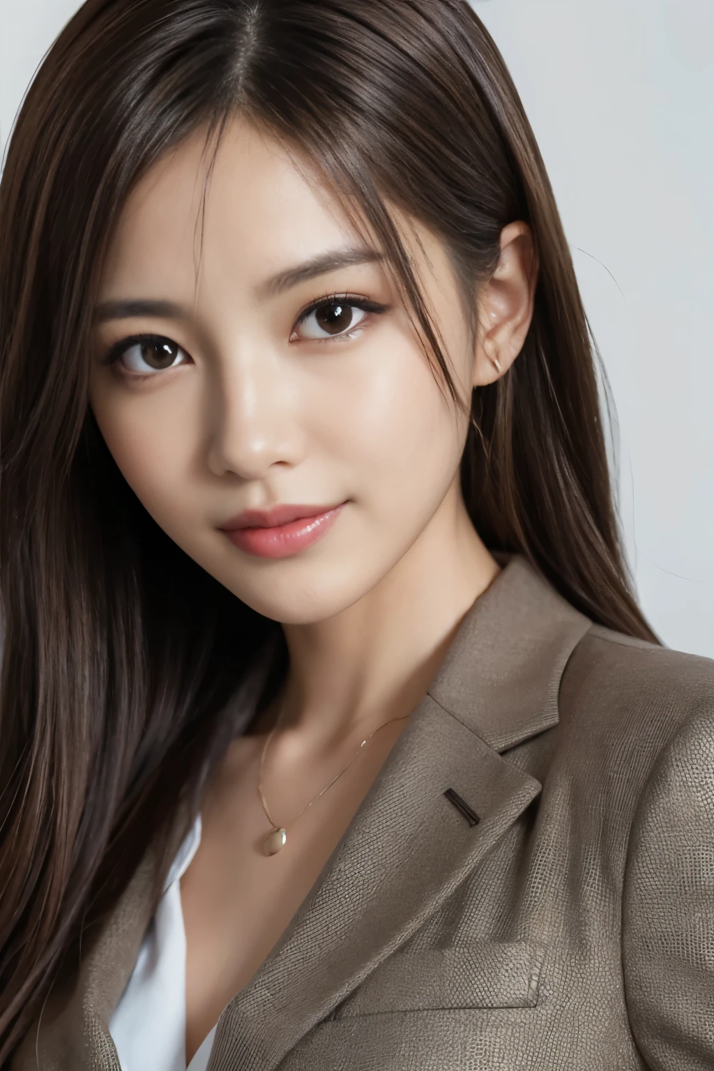 Tabletop, Japanese,highest quality, Realistic, Super detailed, In detail, High resolution, 8k wallpaper, 1. Beautiful Women,, Light brown messy hair, Wearing a business suit, Sharp focus, Perfect dynamic composition, Beautiful fine details, Fine hair, Detailed and realistic skin texture, smile, Close-up portrait, Model Body Type, White background,