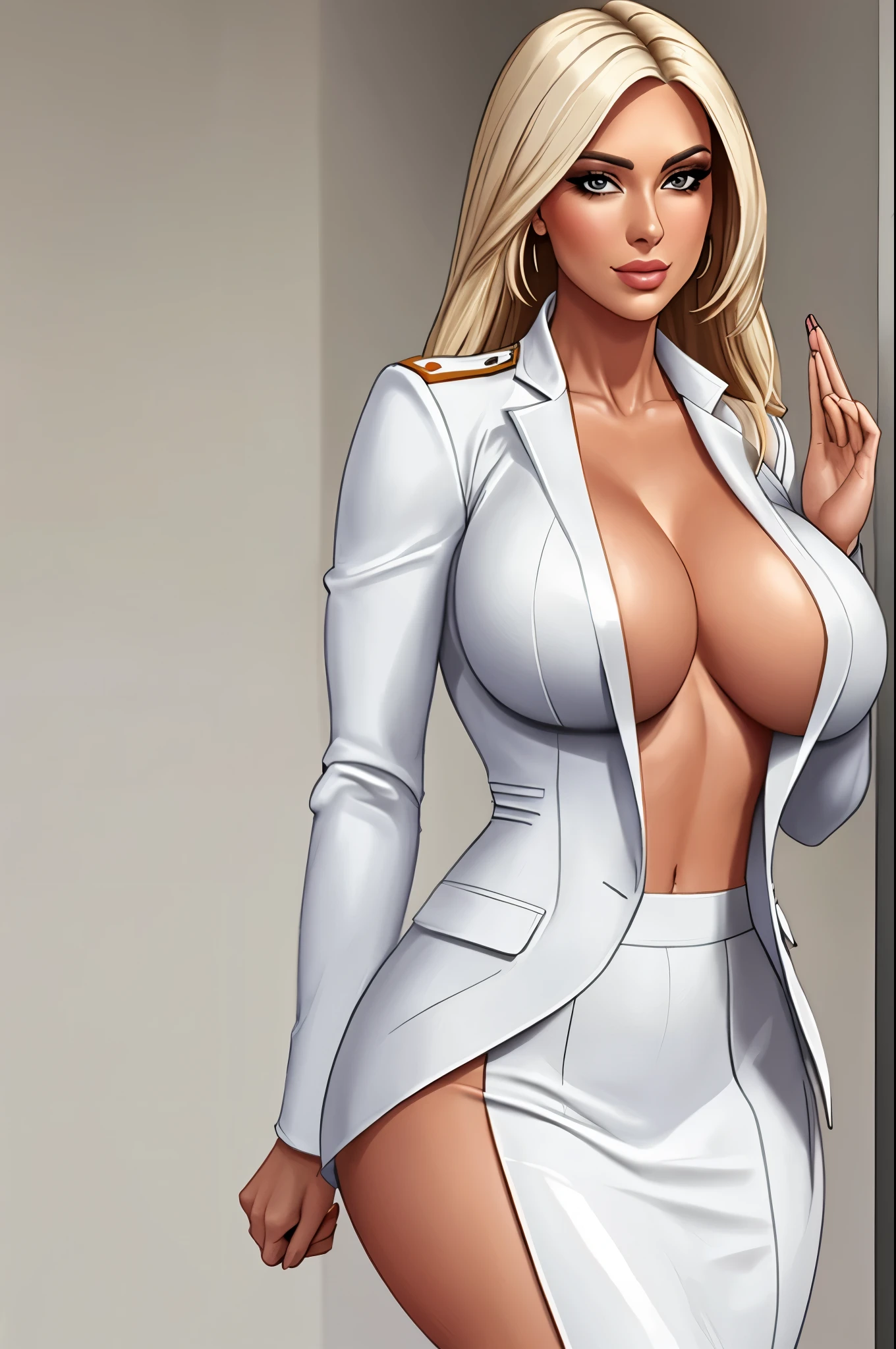 woman in white uniform posing for a picture, gorgeous female, generous cleavage open jacket, jacket over bare torso, open shirt,