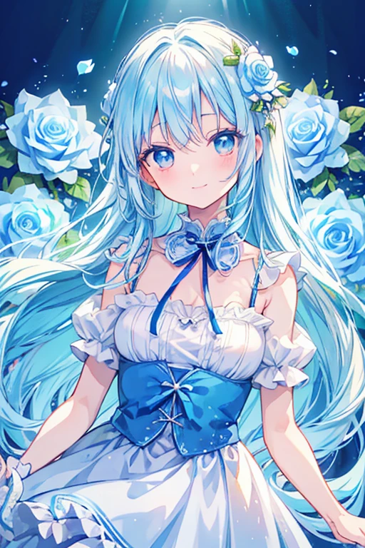 anime, Watercolor, cute女の子, has a single blue flower, White Rose, sweet, cute, Blue Hair, Long Hair, Long eyelashes, smile, blue flower, Blue roses background, Poured Light, dress, Front view, Upper Body, Dutch Angle Shot