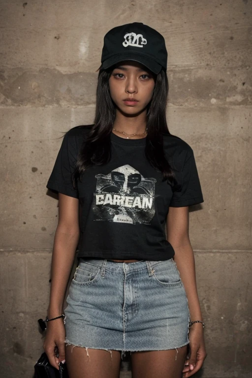 1 Girl, Solitary, dark skin, Dark-skinned women, Baseball cap, t-shirt, Long legs