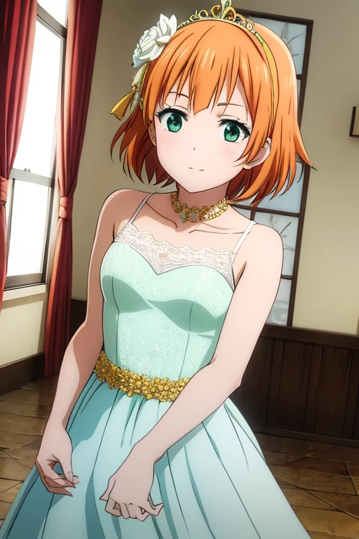 anime, detailed,short orange hair, green eyes, white lace wedding dress, crystal tiara