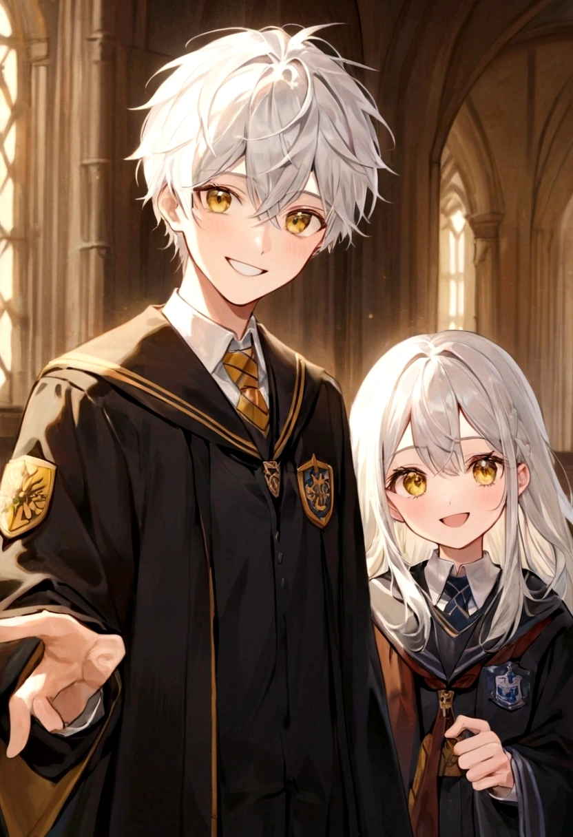 Ravenclaw uniform, Ravenclaw emblem, black robe. Beautiful face boy. Very smart. white Hair. Amber yellow eyes. Hogwarts. Cheerful. Smile