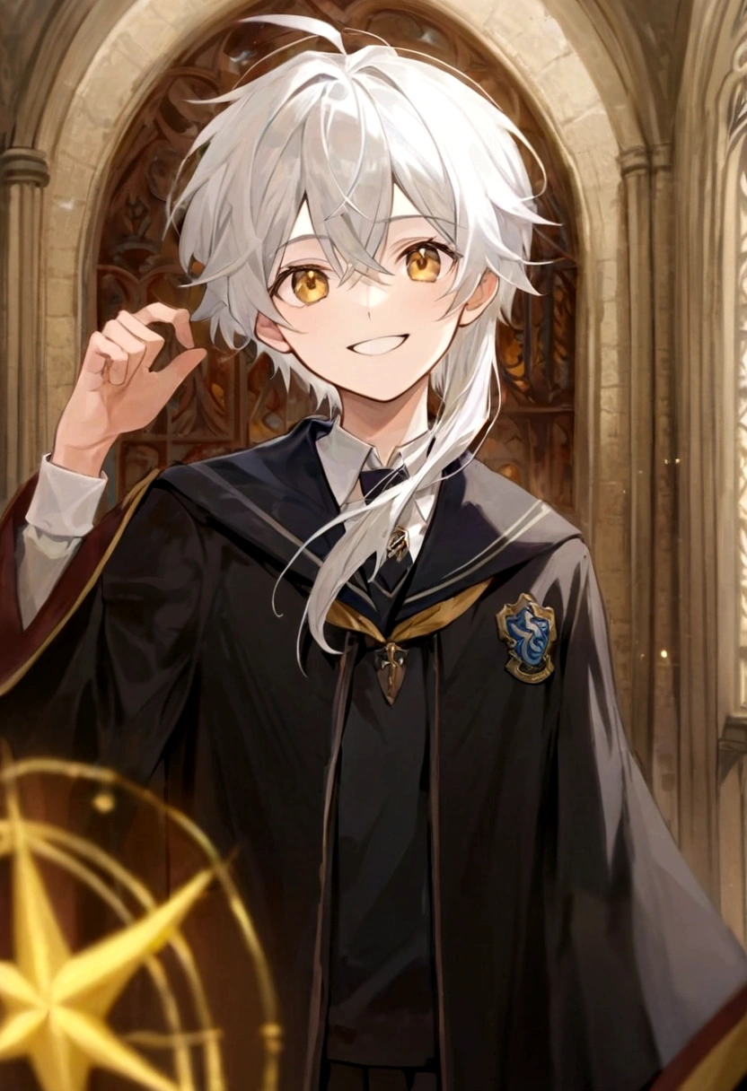 Ravenclaw uniform, Ravenclaw emblem, black robe. Beautiful face boy. Very smart. white Hair. Amber yellow eyes. Hogwarts. Cheerful. Smile