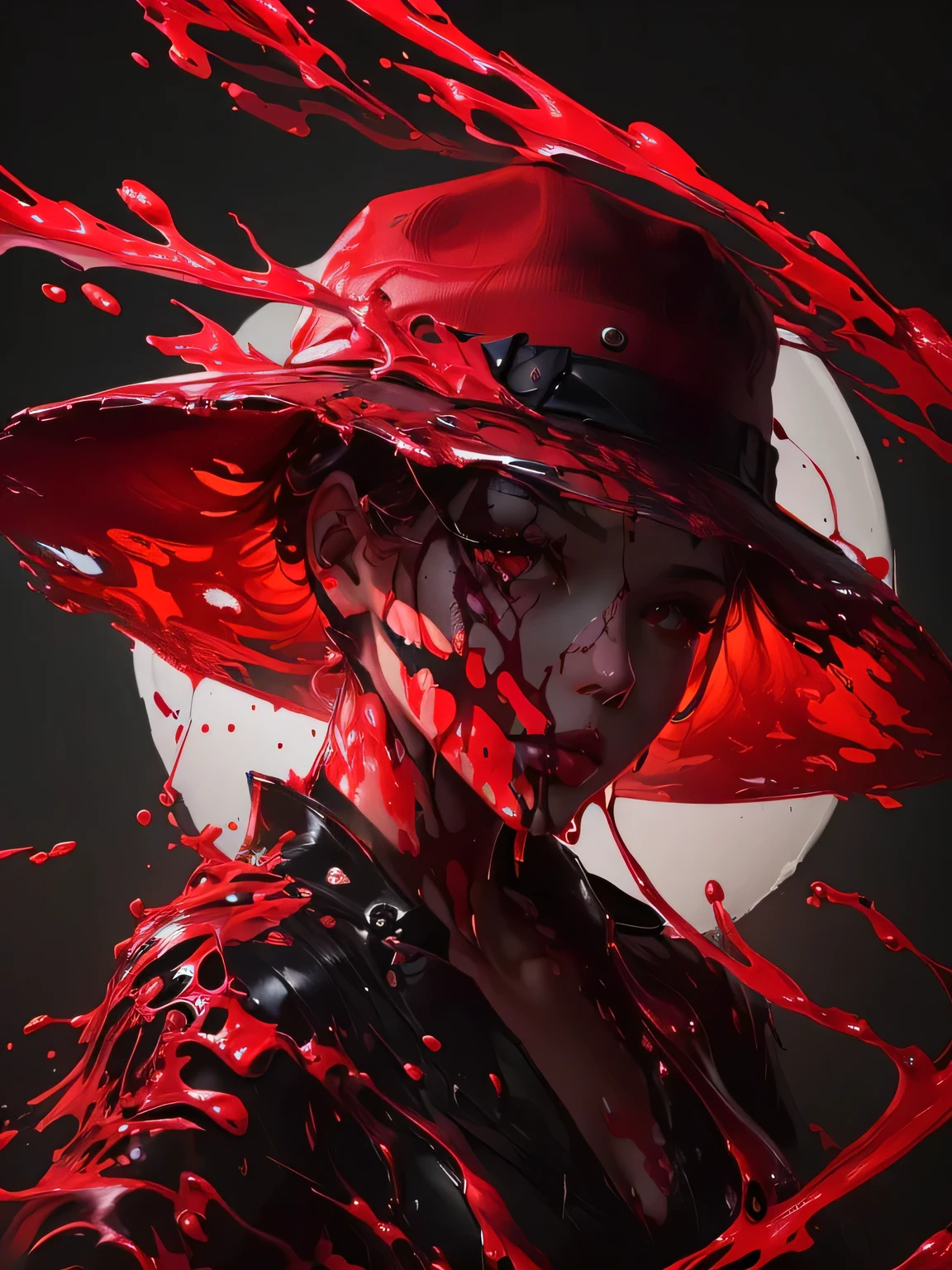 araffe wearing a red hat and a black top, stunning digital illustration, persona 5 art style wlop, [ 4 k digital art ]!!, character is covered in liquid, in red paint, stunning digital painting, digital art. artstation, takato yomamoto. 4 k, covered in red slime, glossy digital painting, bloody + concept art, red fluid