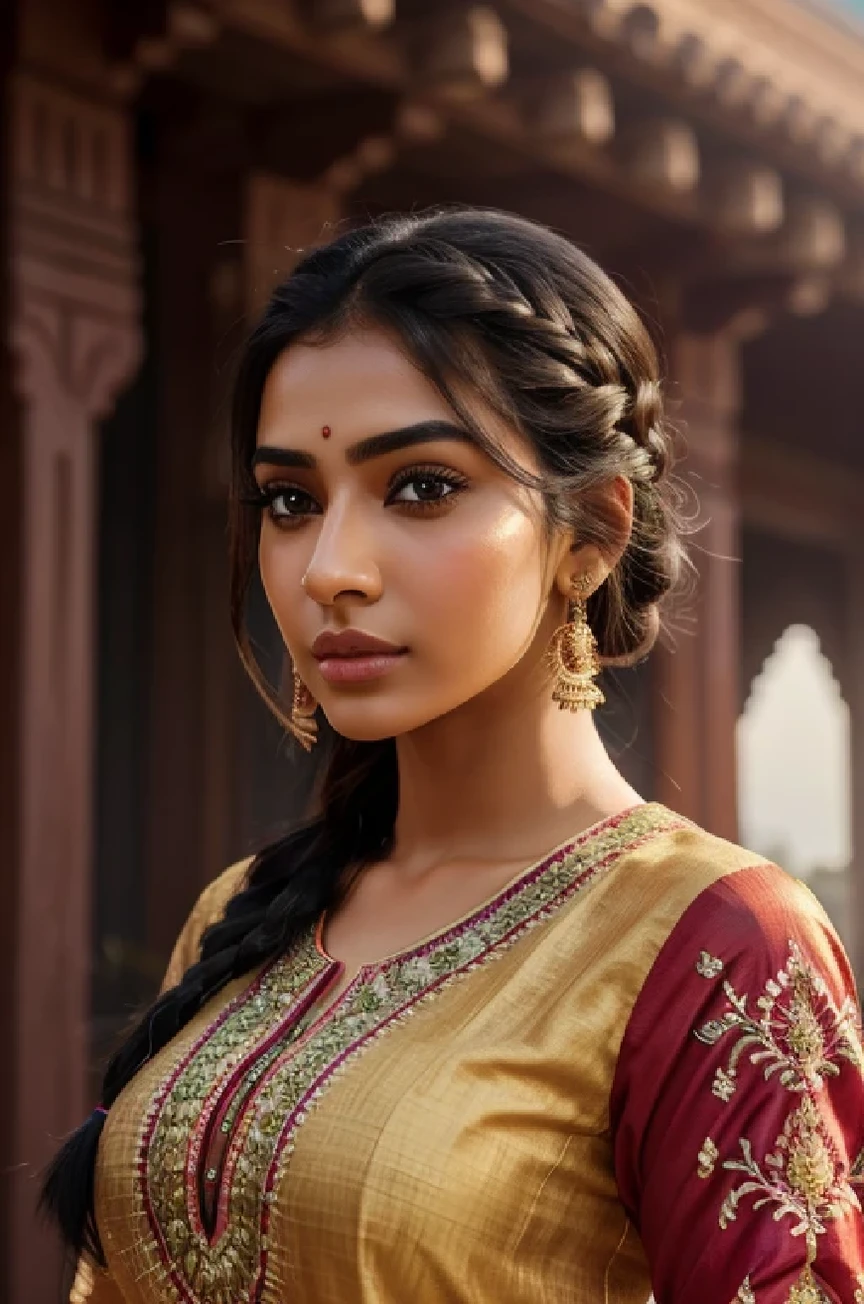 ultra-realistic photographs,Indian Instagram female model,mid 20s,9:16,mid-shot,beautiful detailed eyes,detailed lips,long eyelashes,black braided hair, naturally full eyebrows,perfectly formed nose,expressive face,attractive appearance,candid photo,vibrant and colorful salwar-kameez dress, heavily embroidered dress, temple background, serene atmosphere,stunning architecture,soft and natural lighting,vivid colors,photorealistic,HDR,highres,studio lighting,ultra-detailed,bokeh,fully covered clothes