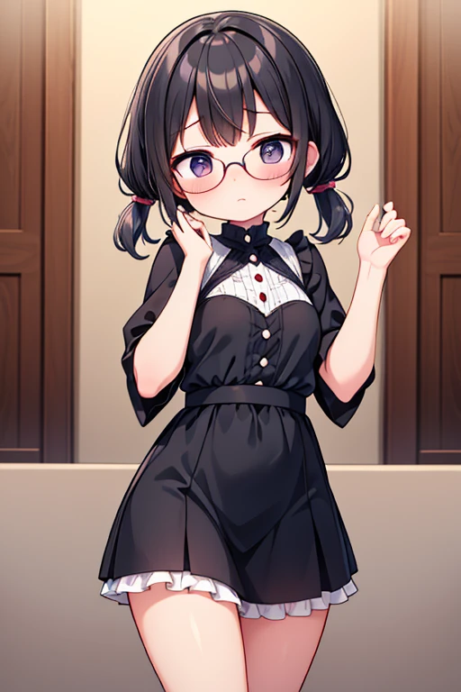 (masterpiece), (highest quality), ((Super detailed))、(super delicate)、Cute naughty peasant woman、Pastel colors hair、medium breasts、Thighs、Gorgeous、black hair, short hair, (low twintails), glasses, standard height, (anxious face:1,2、blush:1.2, quiet personality:1.2), (naked)