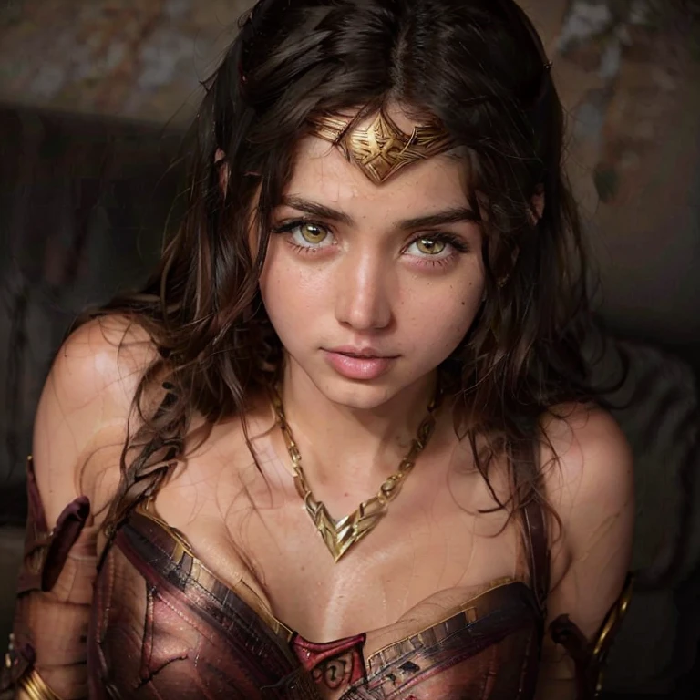 Realistic photo of a beautiful 18 year old 4n4d34, (best quality,ultra-detailed,realistic:1.2),beautiful detailed eyes, beautiful detailed lips, wearing a sexy wonder woman outfit