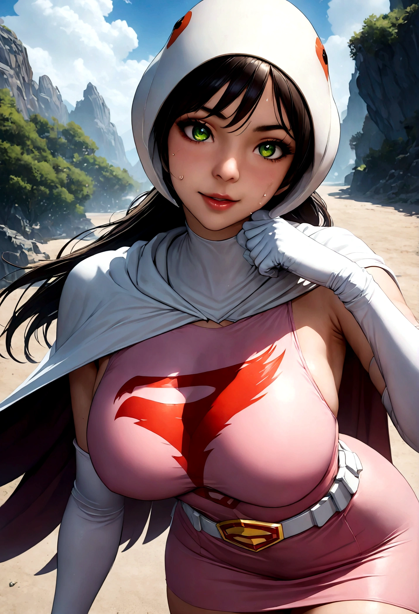 ((masterpiece)), ((highest quality)), ((High resolution)), ((Very detailed CG unity 8k wallpaper)), Beautifully detailed, Very detailed, 16k, Exquisite, Absurd, Beautiful background, Beautiful Eyes, Beautiful Skin, Beautiful Face, Outdoor, Day, Face Focus, View Viewer, alone, Concentrated, Dutch Angle Break, Hi3JTS, Jun The Swan, 1Girl, chest, Glossy lips, medium chest, large chest, Green Eyes, Big eyes, (We say:1.2), Lip mites, compensate, eyelash, eye shadow, A kind smile, attractive, (See-through orange visor:1,5), Helmet, Cape, Elbow hand pockets, Knee socks, belt, White gloves, zettai ryouiki, mask, skirt, White legwear, Superhero, leotard, Spacesuit, Pink Dress, white Cape, pink leotard, pink skirt, Short dress, White long gloves, White long boots, Gloss, Breaking the dynamism, Sweat, Sweatdrop, Browsing Caution, ((Fetish Situation:1.5)), Perfect hands, Perfect legs, Perfect Anatomy,