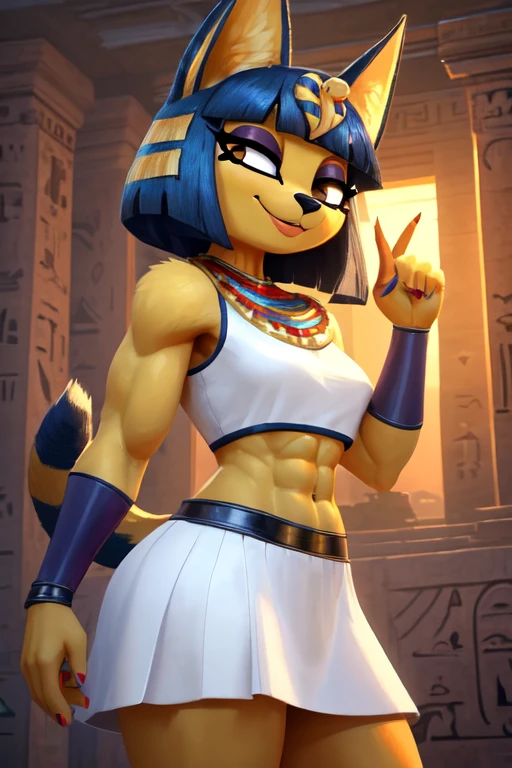 ((best quality)), ((masterpiece)), (detailed), a digital sideview artwork of ankha with abs wearing a crop top of her white sleeveless dress with white long skirt, a bare midriff and a bare navel, ((trending on artstation)), ((4k)), furry, anthro style, she is giggling smugly