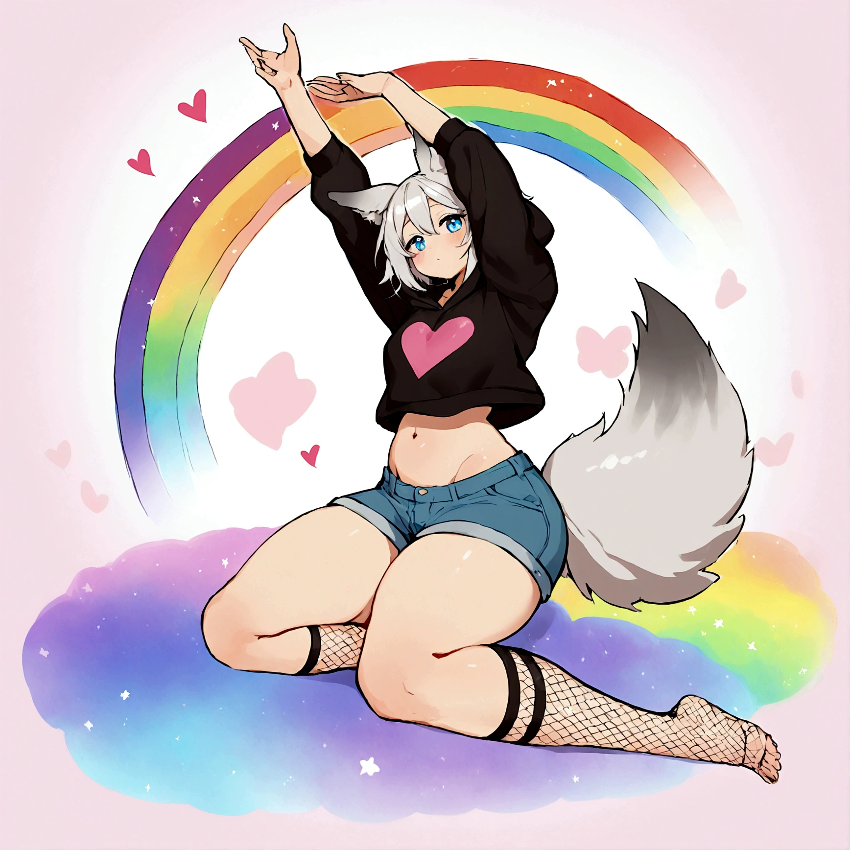 a cute adult male with wolf ears, white hair, has a wolf tail, wearing a loose cropped oversized black hoodie, wearing a pair of denim short shorts and fishnet stockings, thick thighs, wide hips, relaxing on mound of fluffy multi colored kawaii plushies, short, very slim, showing slender tummy, stretching out, heart on hoodie, squishy thighs, has glowing blue eyes. alone, solo (ALONE)(SOLO), surrounded by rainbows, colorful galaxy backround