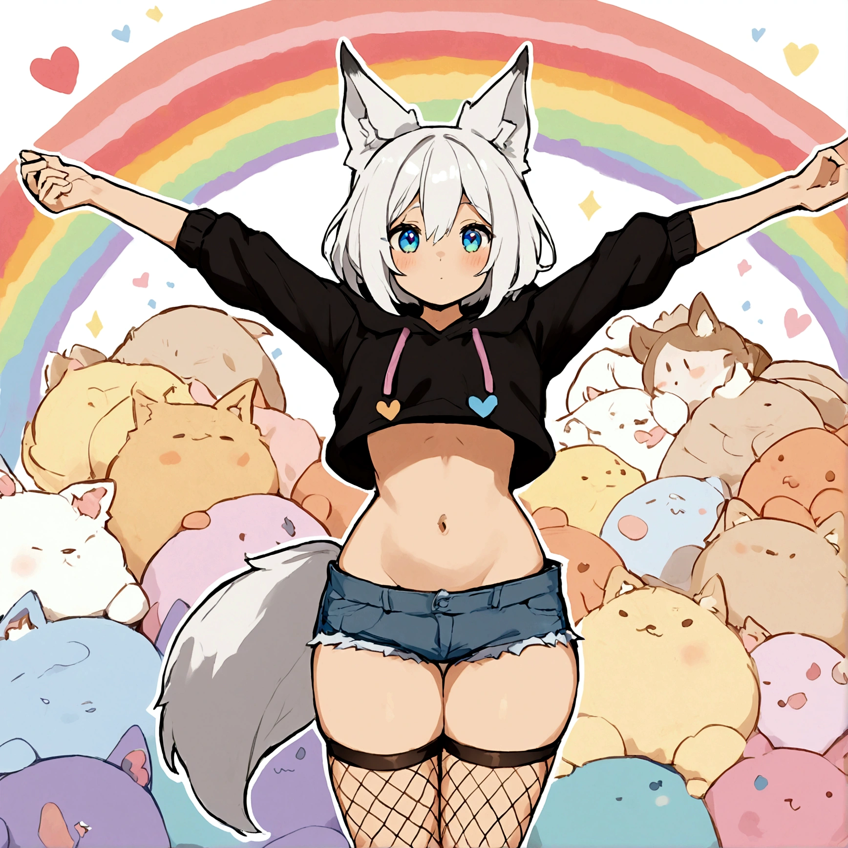 a cute adult male with wolf ears, white hair, has a wolf tail, wearing a loose cropped oversized black hoodie, wearing a pair of denim short shorts and fishnet stockings, thick thighs, wide hips, relaxing on mound of fluffy multi colored kawaii plushies, short, very slim, showing slender tummy, stretching out, heart on hoodie, squishy thighs, has glowing blue eyes. alone, solo (ALONE)(SOLO), surrounded by rainbows, colorful galaxy backround