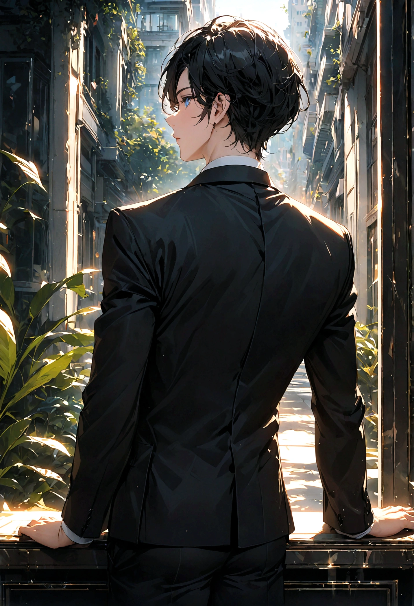 A black-haired, blue-eyed man in a black suit turns his back to a luxury condo during the day.