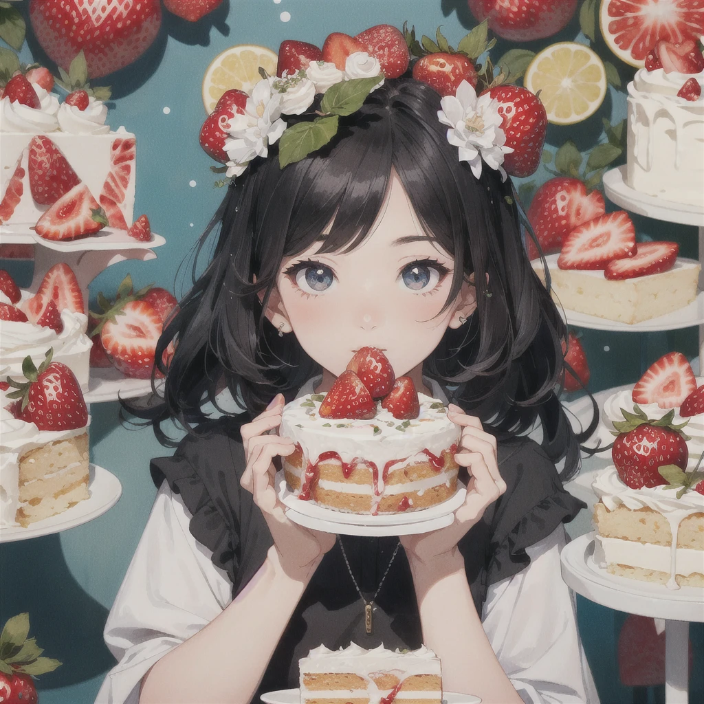 A picture of a girl eating a cake with strawberries, artwork in the style of Gweitz, by Hikari Shimoda, inspired by Hikari Shimoda, Gweitz on artstation pixiv, Gweitz on pixiv artstation, Gweitz, Gweitz masterpiece, Beeple and Jeremiah Kettner, Eat cake, By Chen Yanjun