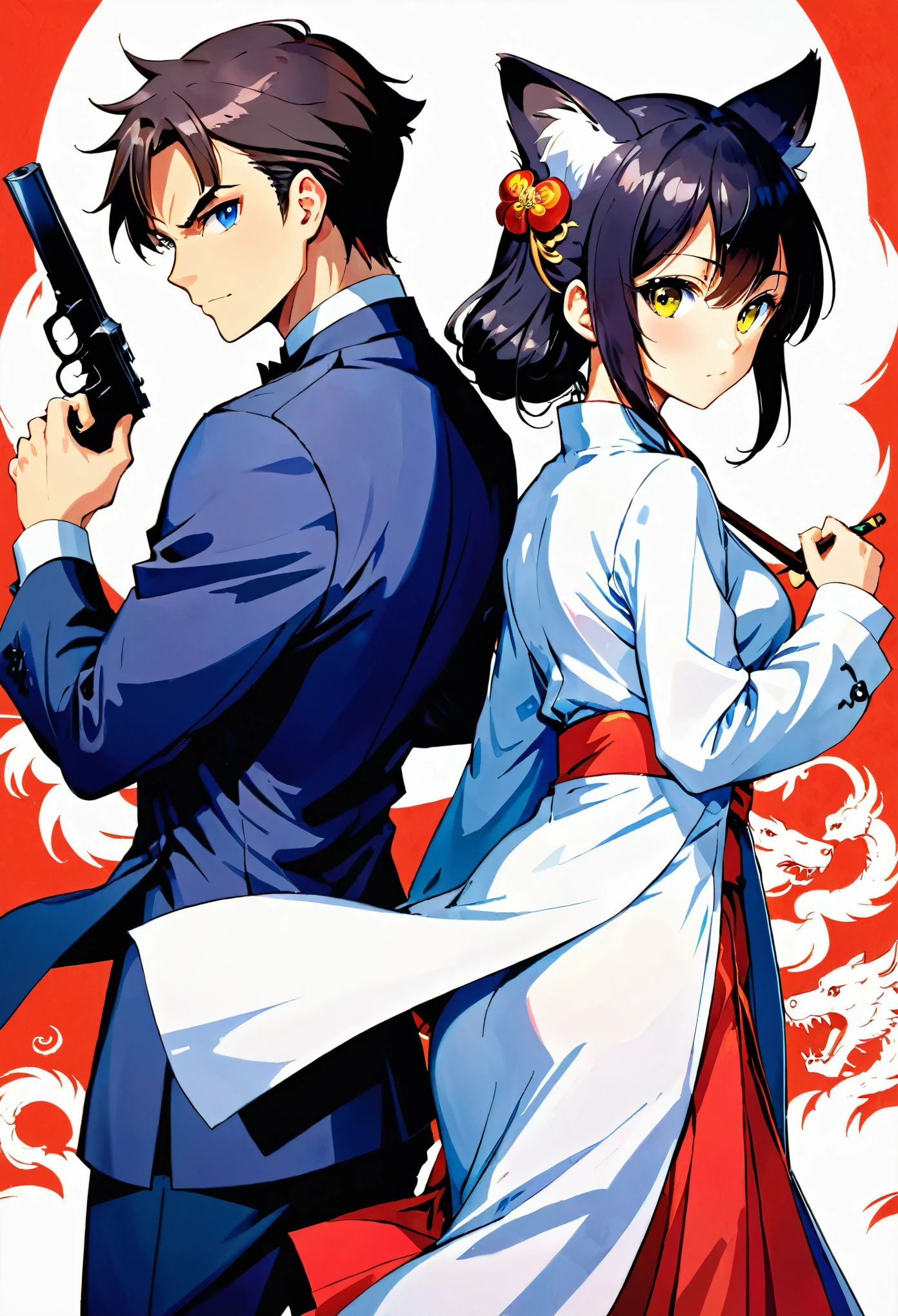 A doujinshi cover with a young male detective and a woman in a Chinese dress back to back, furry, kemono, with some elements of 007, battle manga,