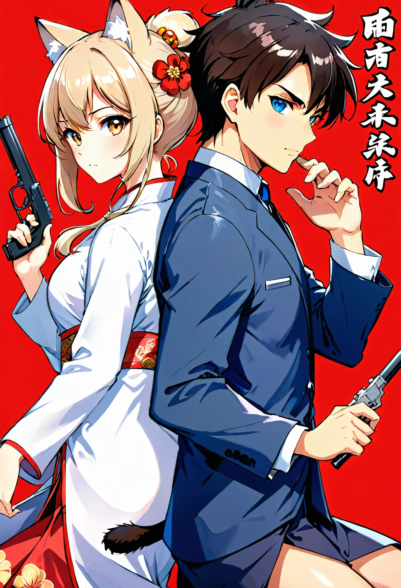 A doujinshi cover with a young male detective and a woman in a Chinese dress back to back, furry, kemono, with some elements of 007, battle manga,
