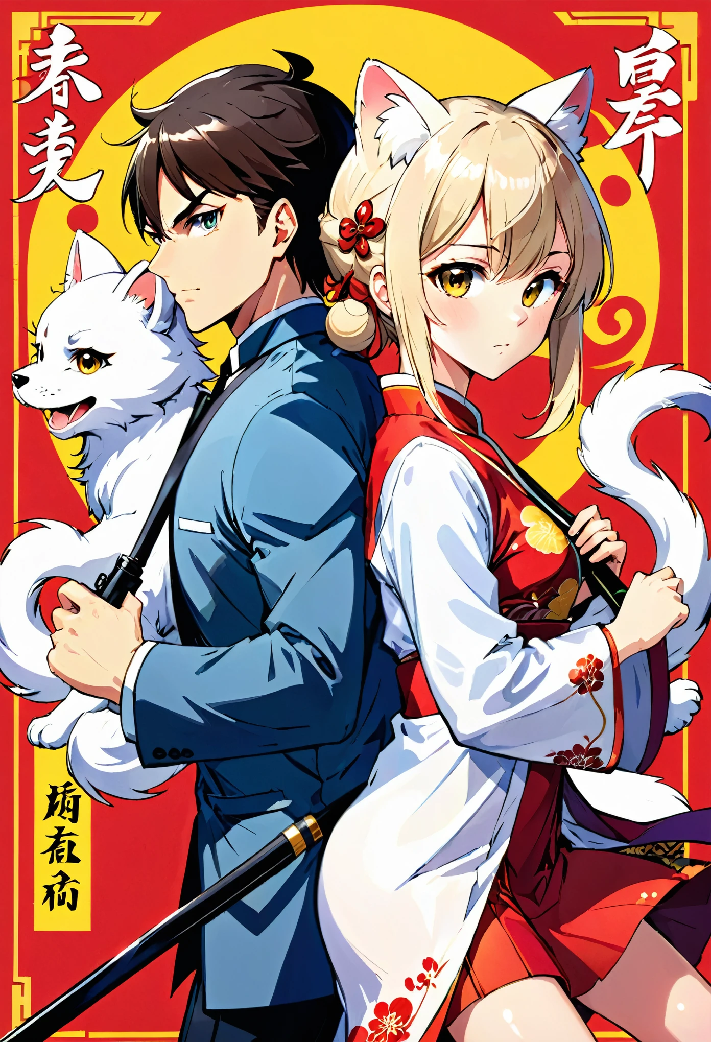 A doujinshi cover with a young male detective and a woman in a Chinese dress back to back, furry, kemono, with some elements of 007, battle manga,