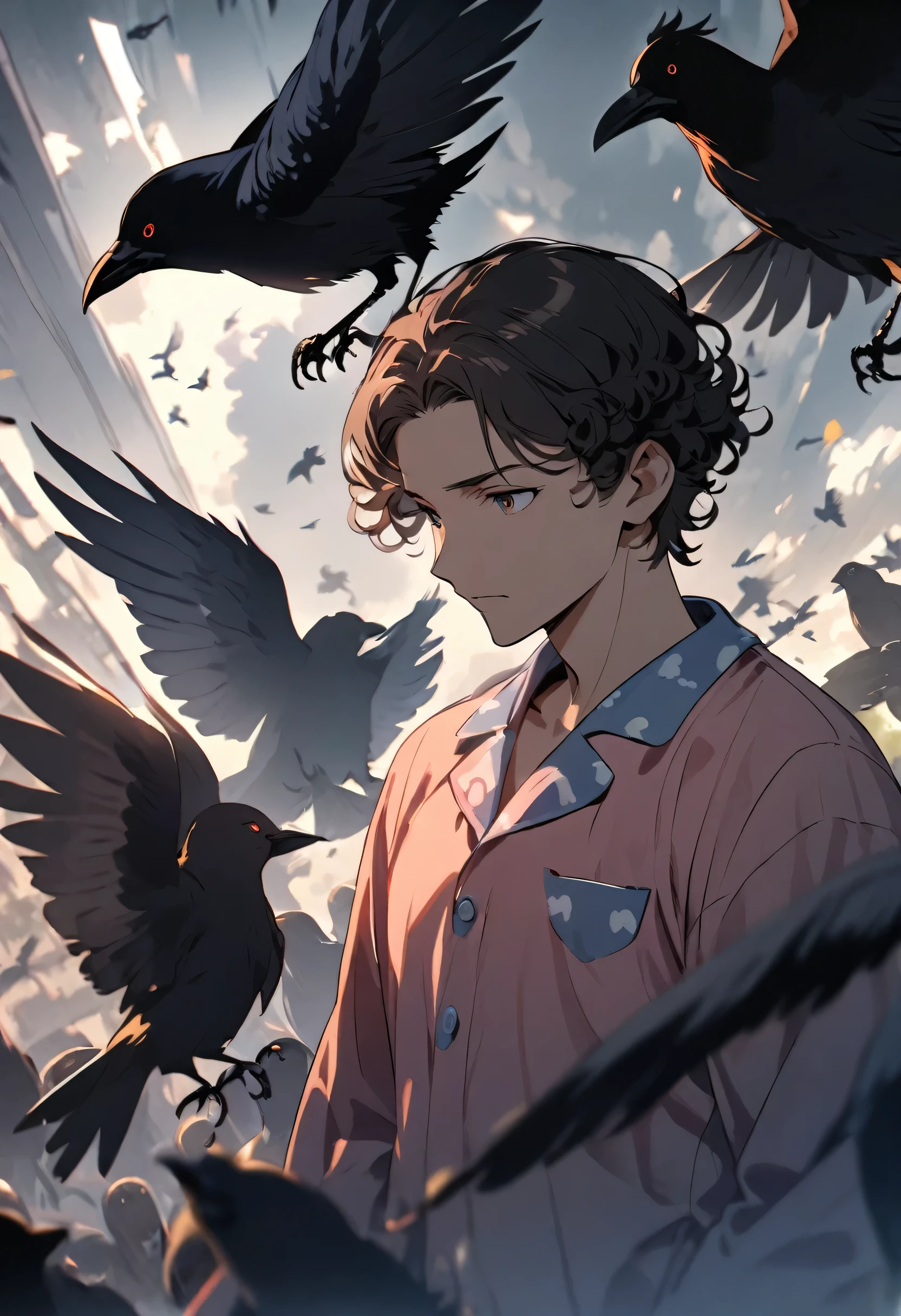 Boy with short curly hair in pajamas and surrounded by crow