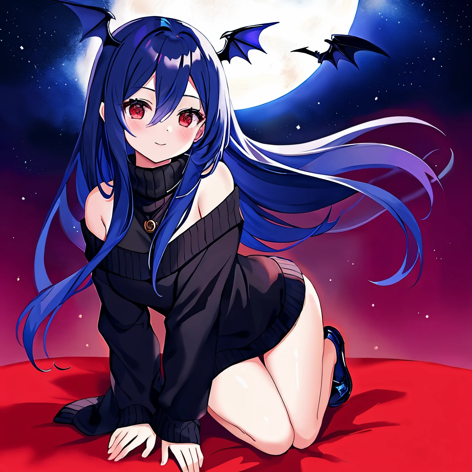 1girl, off-shoulder black sweater, Masterpiece, high resolution, anime style beautiful girl, cobalt blue hair, vampire, wings, red eyes, nighttime, blue moon, galaxy background, vampire