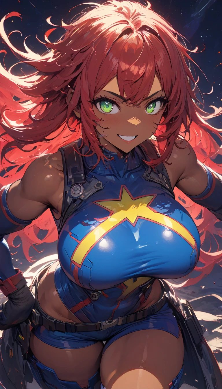 best quality,4k,8k,highres,masterpiece:1.2),ultra-detailed, extremely detailed eyes, extremely detailed body, (large masterpiece digital art), (detailed manga illustration), (detailed line art), ((perfect anatomy)), (intricate details:1.3), (ultra-detailed:1.3), (illustration:1.3), (sharp focus:1.3), (natural lighting:1.05), (vivid colors:1.3), (masterpiece), (best quality:1.4), (perfect anatomy:1.4), high quality, expressive eyes, full body, detailed face, beautiful face, perfect face, 1 girl, breasts, cleavage, gloves, huge breasts, cyberpunk clothes, jacket, black jacket, very long hair, thigh length hair, ({dark skin}), dark-skinned female ,detailed ((red hair)), messy hair, green eyes, hourglass physique, bodysuit, ultramarine bodysuit, sleeveless, shorts, thick thighs, toned, captain marvel emblem, emblem, superhero, dynamic lighting, cinematic lighting, dynamic heroic pose, smiling, outer space background, curvy,