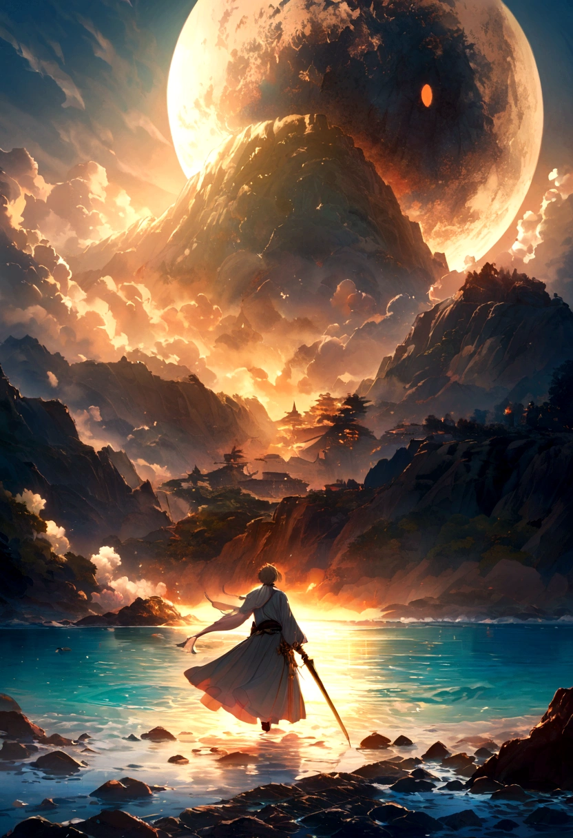 In a mesmerizing silhouetted scene of a giant moon with its surface marked by vividly detailed craters, with radiant sunlight, in a fantastical world bathed in ethereal light, a lone young man who is carrying a sword stands confidently on a serene beach, looking forward with determination in her eyes, with blue waves gently kissing the shore. Behind him, the landscape is both familiar and otherworldly, with ancient structures partially submerged in water, giving the impression that once upon a time there was a great civilization, now in ruins. He has spiky blond hair that shines in the sun, a reflection of his vibrant and adventurous spirit. Around the neck hangs a distinctive pendant, reflecting the light with a touch of mystery. In his hand he holds an enormous sword, beautifully crafted and ornamented with stones, its blade glowing with a magical aura, suggesting that this weapon is not just for combat. The atmosphere is filled with a sense of tranquility, mystery, serenity and adventure. The young man looks at the horizon with a determined and victorious expression, as if he is ready to embark on a new journey, face an imminent challenge or cast a powerful spell.