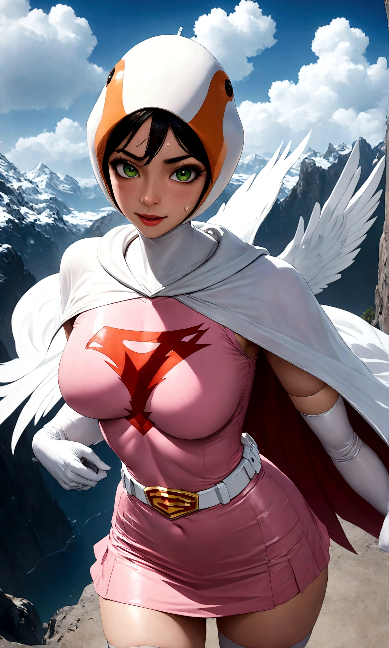 ((masterpiece)), ((highest quality)), ((High resolution)), ((Very detailed CG unity 8k wallpaper)), Beautifully detailed, Very detailed, 16k, Exquisite, Absurd, Beautiful background, Beautiful Eyes, Beautiful Skin, Beautiful Face, Outdoor, Day, Face Focus, View Viewer, alone, Concentrated, Dutch Angle Break, Hi3JTS, Jun The Swan, 1Girl, Glossy lips, Green Eyes, Big eyes, (We say:1.2), Lip mites, compensate, eyelash, eye shadow, A kind smile, attractive, (See-through orange visor:1,5), Helmet, Cape, Elbow hand pockets, Knee socks, belt, White gloves, zettai ryouiki, mask, skirt, White legwear, Superhero, leotard, Spacesuit, Pink Dress, white Cape, pink leotard, pink skirt, Short dress, White long gloves, White long boots, Gloss, Breaking the dynamism, Sweat, Sweatdrop, Browsing Caution, (action poses:1.2), Perfect hands, Perfect legs, Perfect Anatomy,