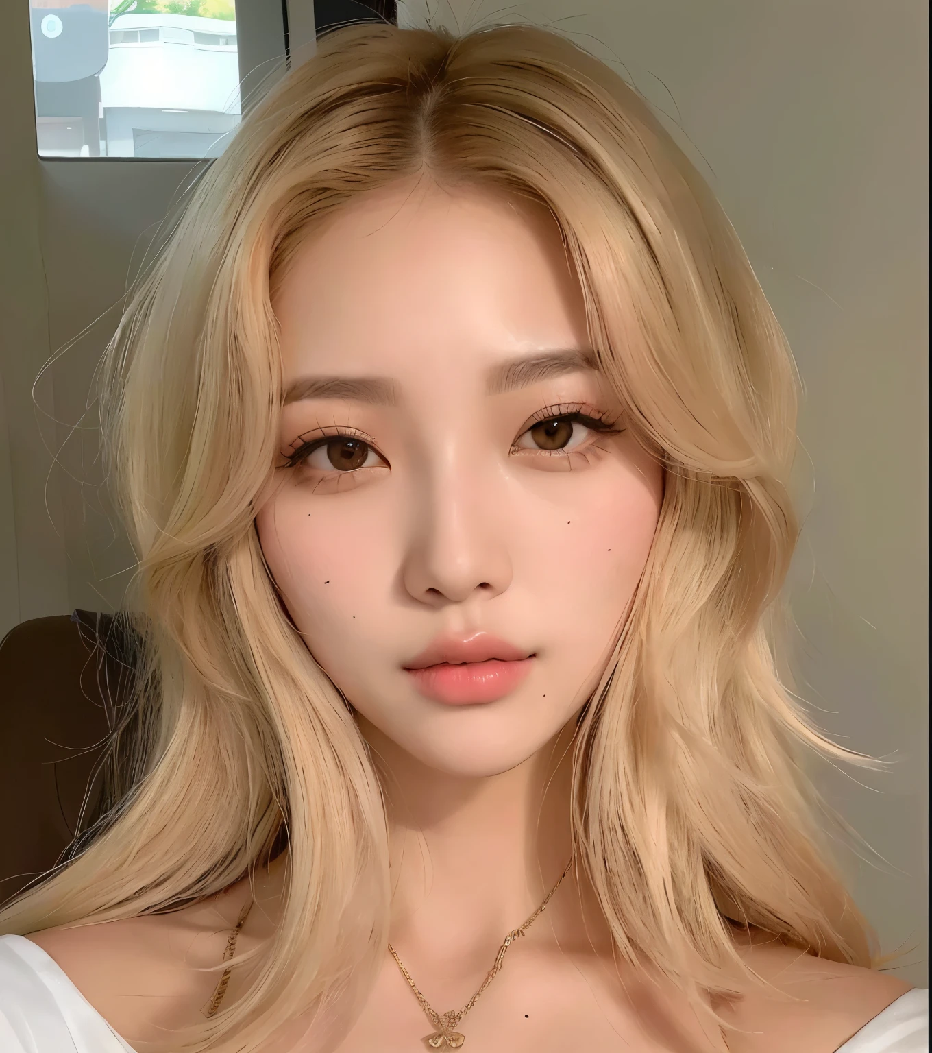 um close de uma mulher com cabelo loiro e um colar, maquiagem sul-coreana popular, linda mulher sul-coreana, maquiagem coreana popular, cabelo loiro e olhos grandes, Beautiful aesthetic face, Korean facial features, cute and adorable face, uma garota com cabelo loiro, linda jovem coreana, uzzlang, korean symmetrical face, foto em tamanho real