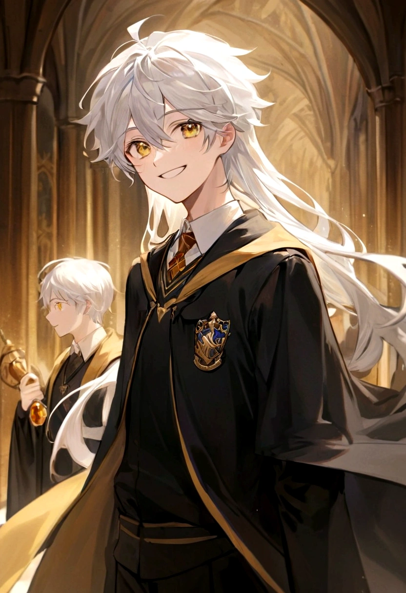 Ravenclaw uniform, Ravenclaw emblem, black robe. One Beautiful face boy. Very smart. white Hair. Amber yellow eyes. Hogwarts. Cheerful. Smile