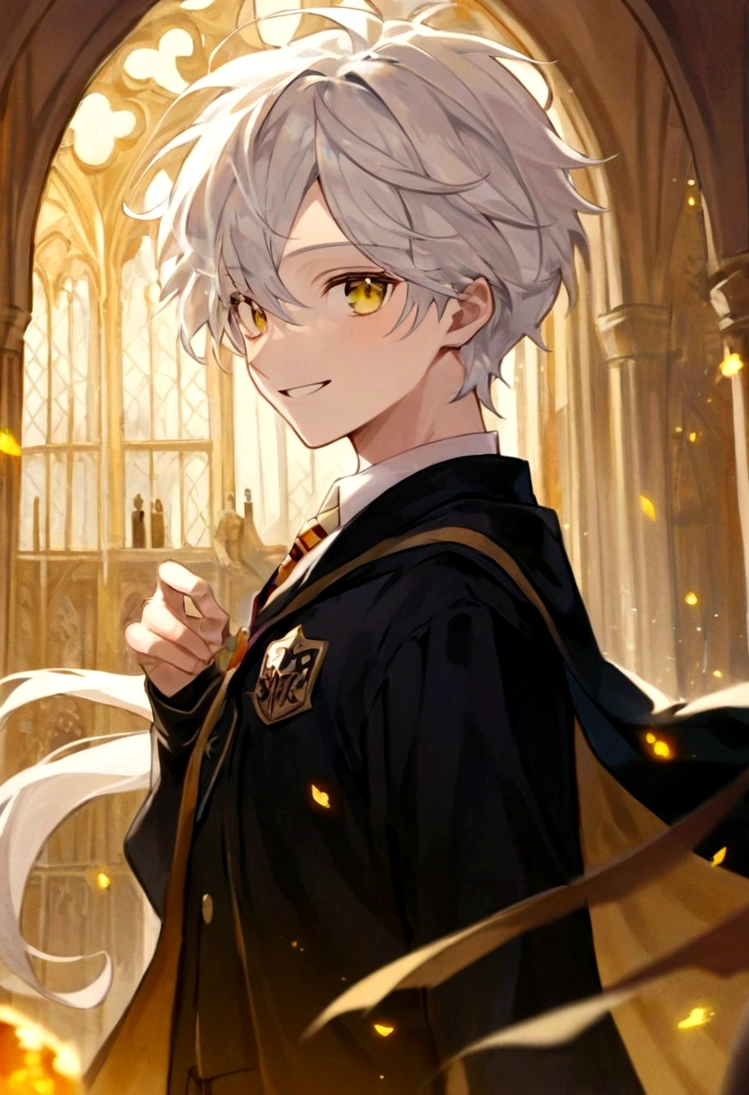 Ravenclaw uniform, Ravenclaw emblem, black robe. One Beautiful face boy. Very smart. white Hair. Amber yellow eyes. Hogwarts. Cheerful. Smile