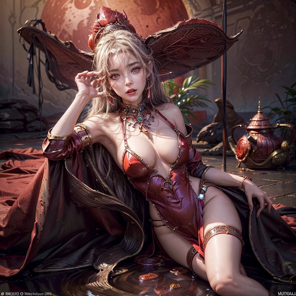 8k,High -level, absurd, masterpiece, best quality, primitive, very detailed CG, very detailed wallpaper, perfect lighting, Jitome, lips, makeup, desert, Oasis pond, wh_chi_armor, (((The personification of Red Moon))), MysticSight, Tyndall effect, Tyndall scattering